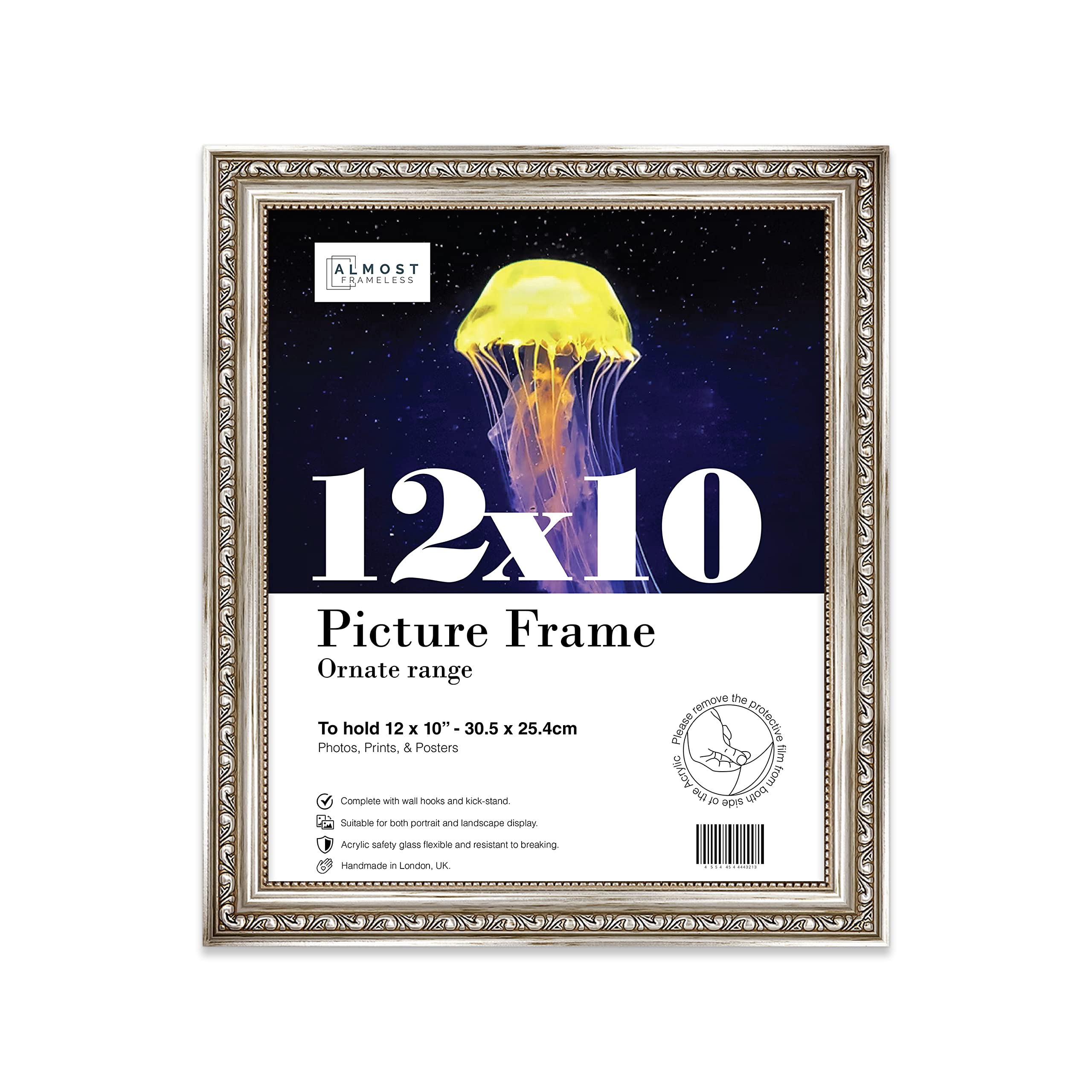 Almost Frameless 12x10 Silver Ornate Picture Frame 12"x10"(30.5x25.4cm) Poster, Photo, Artwork, or Print. Elegant Style Portrait and Landscape Display with Wall Hooks