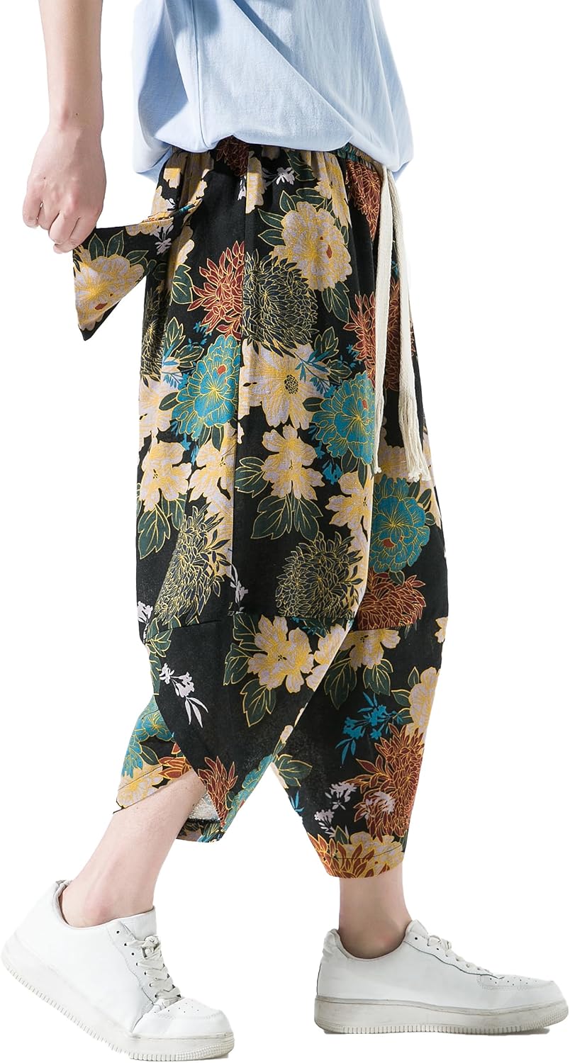 PRIJOUHE Men's Casual Wide Leg Baggy Harem Pant Lightweight Drop Crotch Summer Beach Linen Capri Pants - Image 5