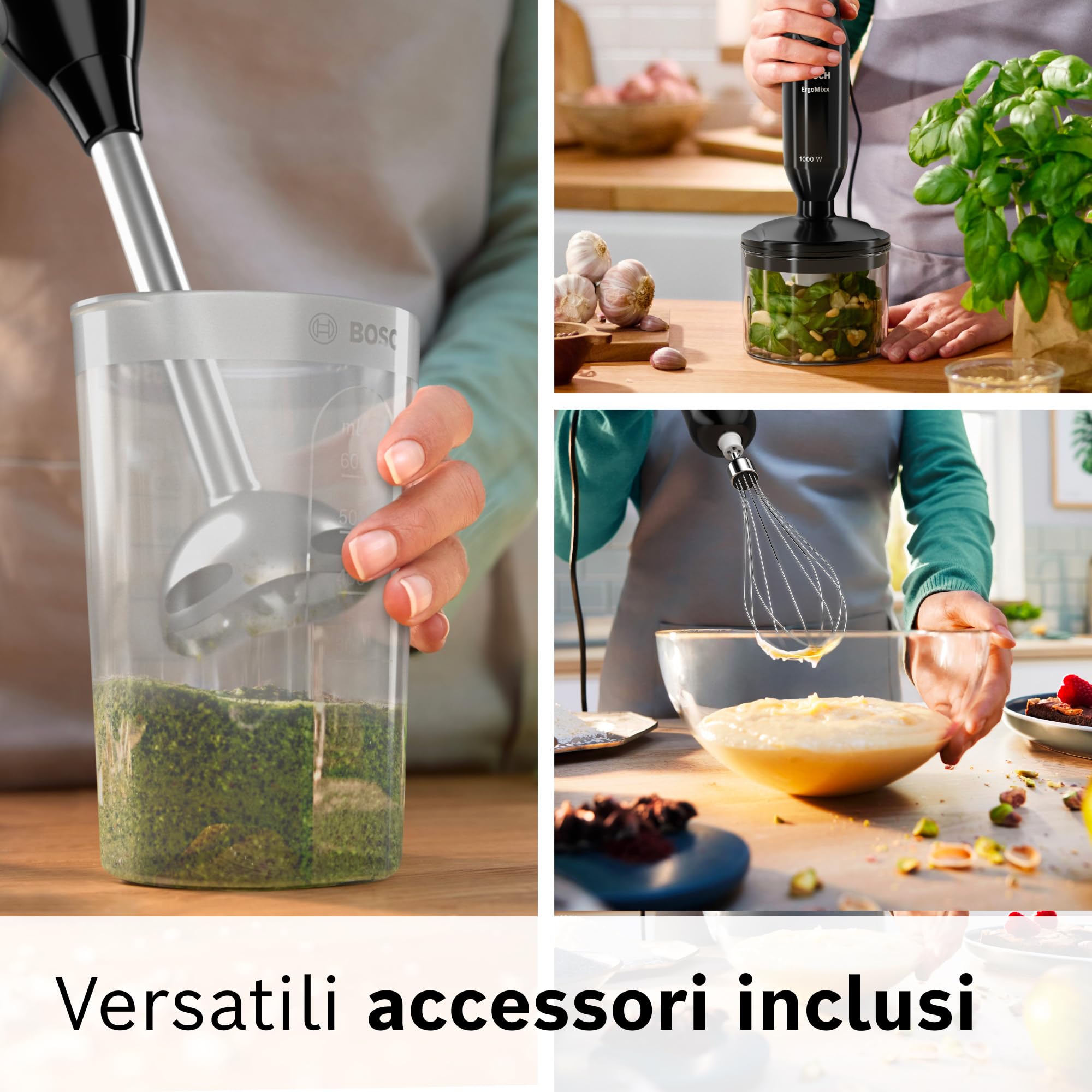 Bosch Frullatore a Immersione MS61B6150, 1000 W, Impugnatura Ergonomica, Lama a 4 ali Acciaio Inox,12 Velocità e Funzione Turbo, Accessorio Tritatutto e Frusta, Bicchiere Graduato, Nero