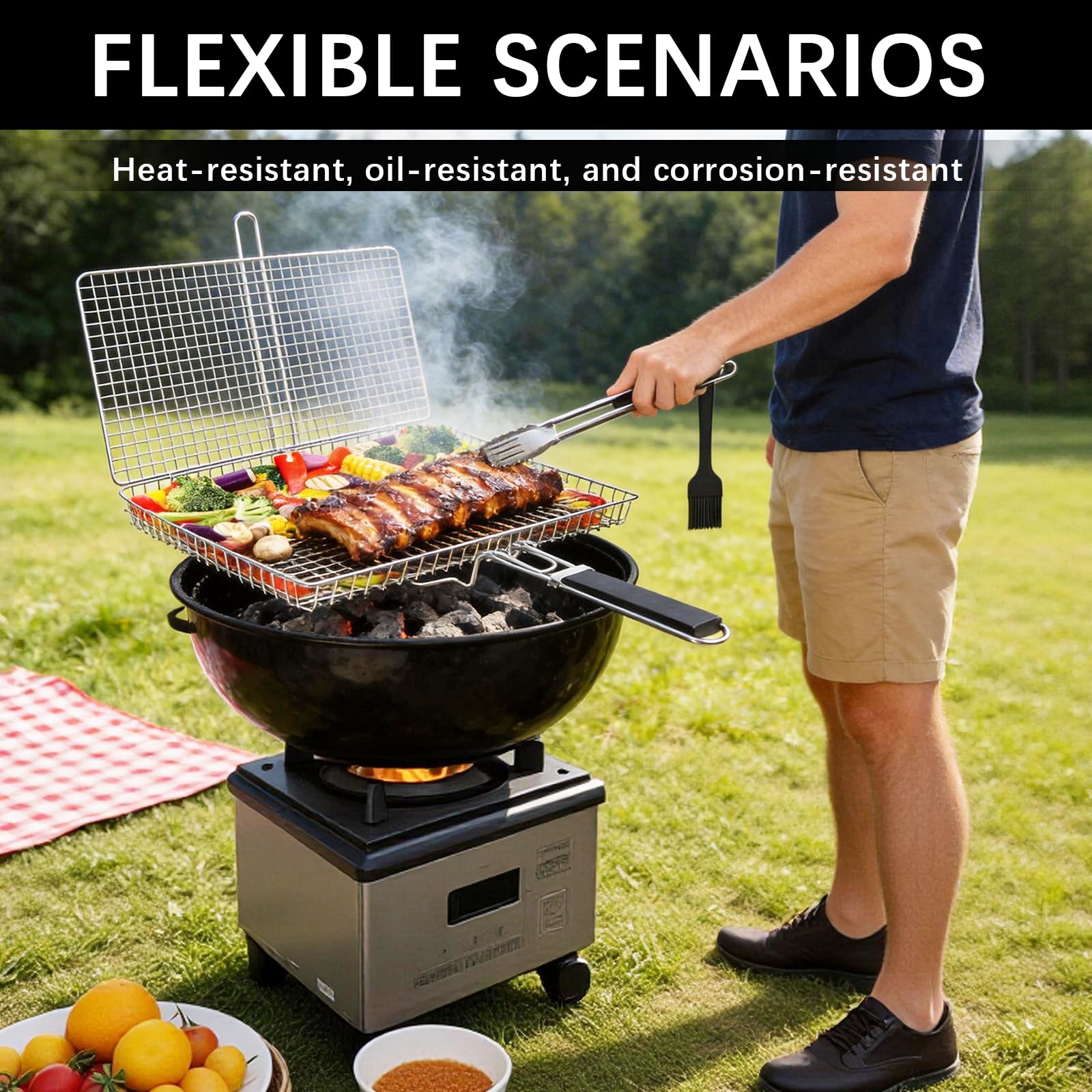 Juego de Cestas para Parrilla, Set de Cesta de Parrilla Rodadiza en Acero Inoxidable Rejilla Barbacoa con Asa Extraíble Accesorios Barbacoa para Verduras y Camarones Hombre Padre