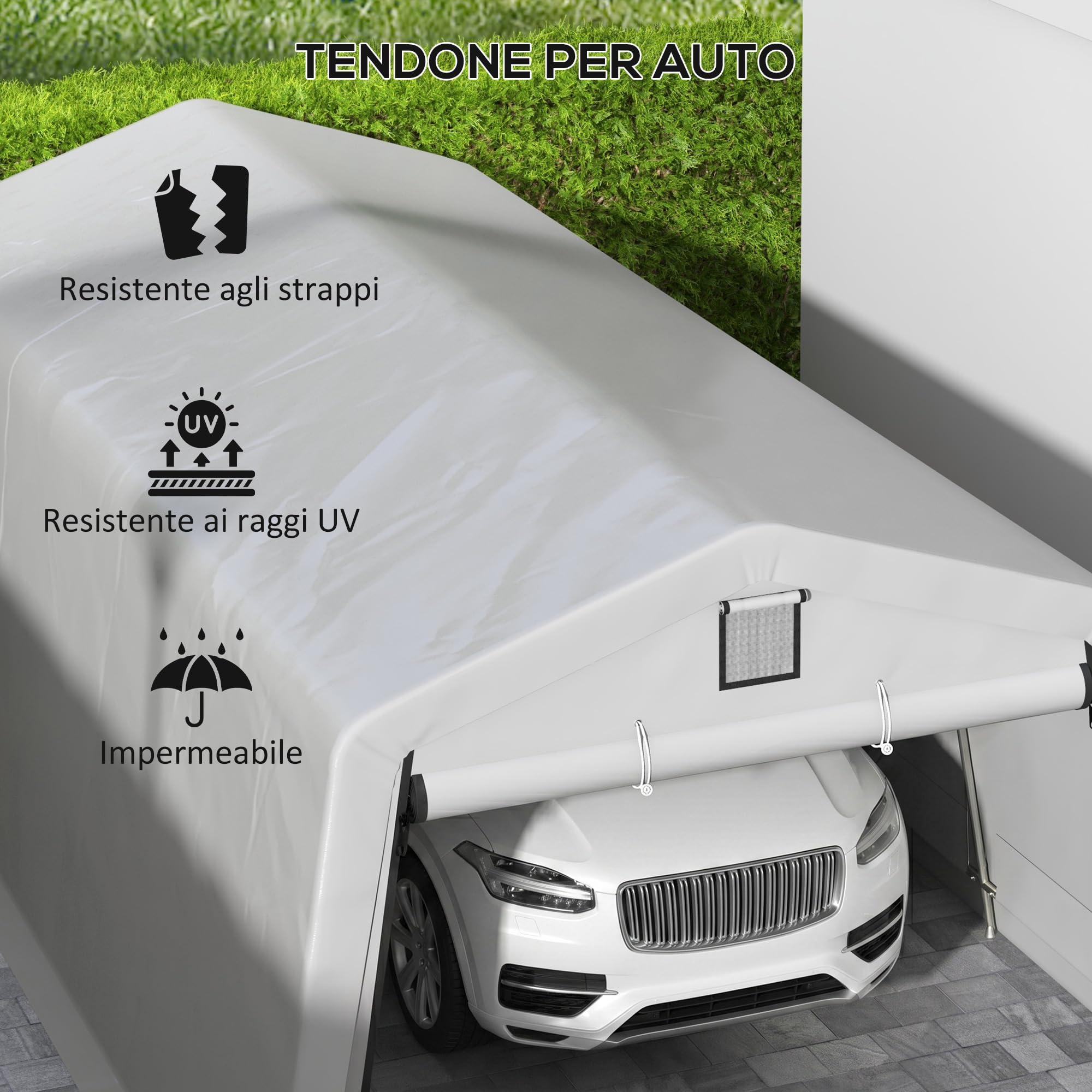 Outsunny Tendone da Giardino per Auto in Acciaio Zincato e PE 618x265/330x240 cm Grigio Chiaro