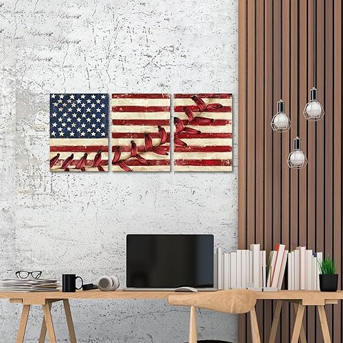 Miniatura 4 de Artsbay Arte de pared con bandera estadounidense roja, lienzo con costuras de béisbol, cuadros modernos, retro, deportes, obras de arte para