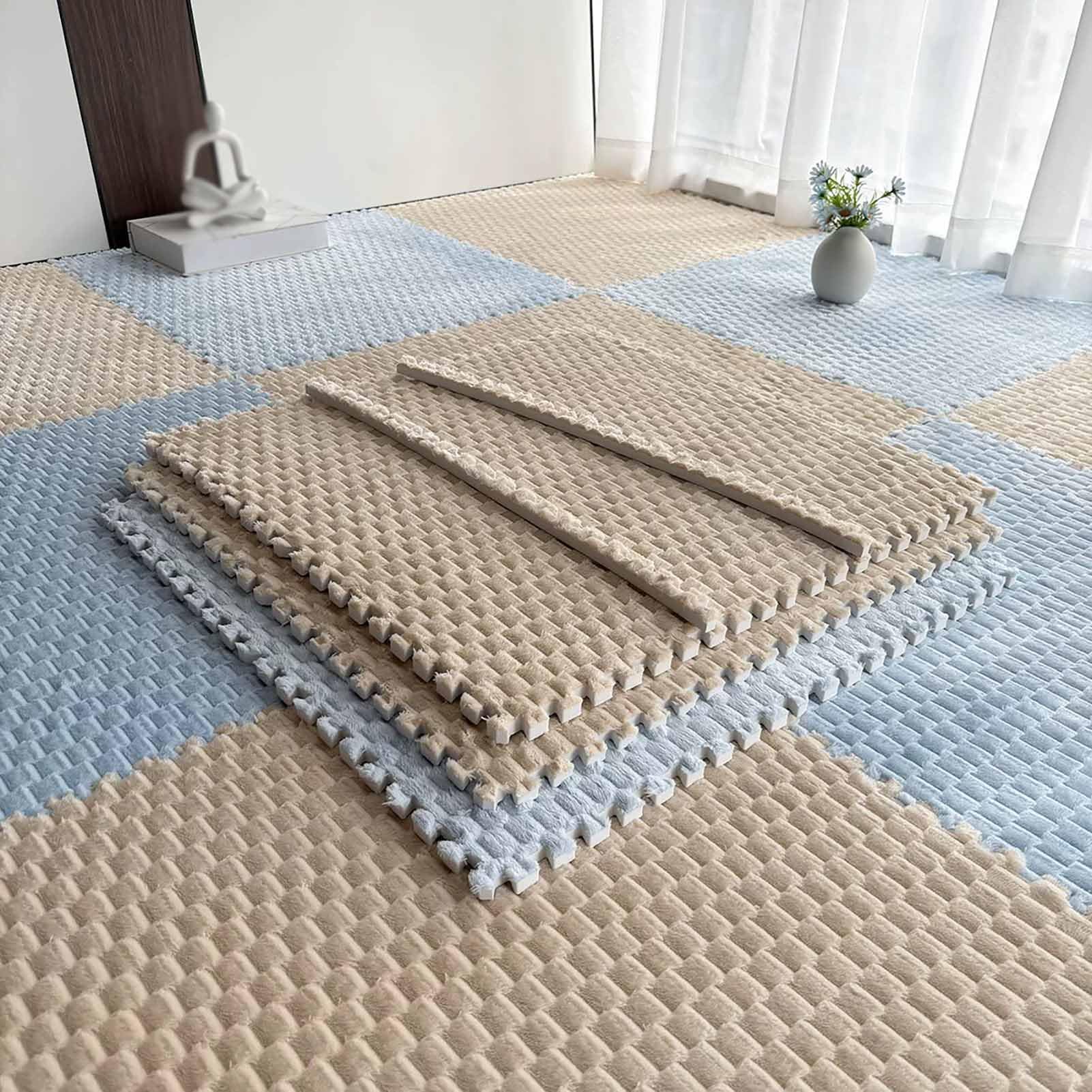 TY&WJ Flannel Interlocking Foam Floor Mats 23.6",Plush Puzzle Carpet Tiles