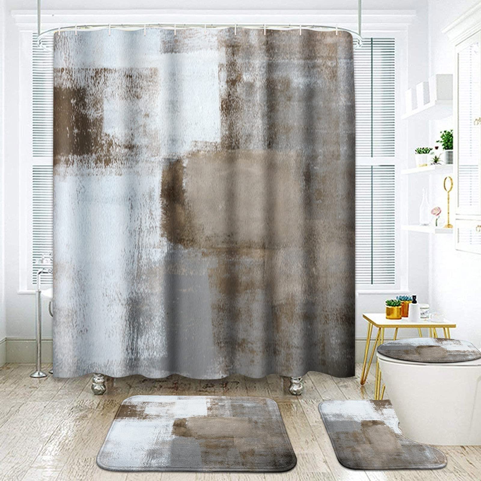 ArtSocket Grey Brown Bathroom Set with Shower Curtain and Rugs Accessory, Gray Abstract Painting Modern Abstract Shower Curtain for Bathroom Decor 4