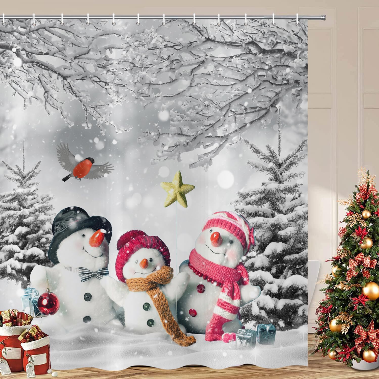 ASDCXZ Christmas Shower Curtain 120x200 cm, Winter Cute Snowman Christmas Tree Bird Gray Washable Bathroom Shower Curtains Polyester Textile Waterproof Shower Curtain for Bathtub with 8 Hooks