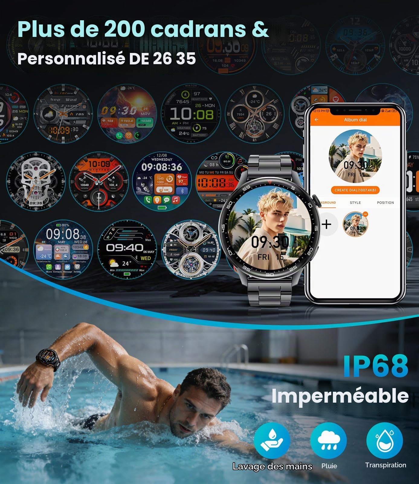 Montre Connectée Homme avec Appel Bluetooth, 1,7" Grande Écran Smartwatch avec Torche LED/800mAh/IP68 Étanche/100+ Modes Sportifs/Fréquence Cardiaque, Sommeil Moniteur pour Android iOS, Noir-Silicone