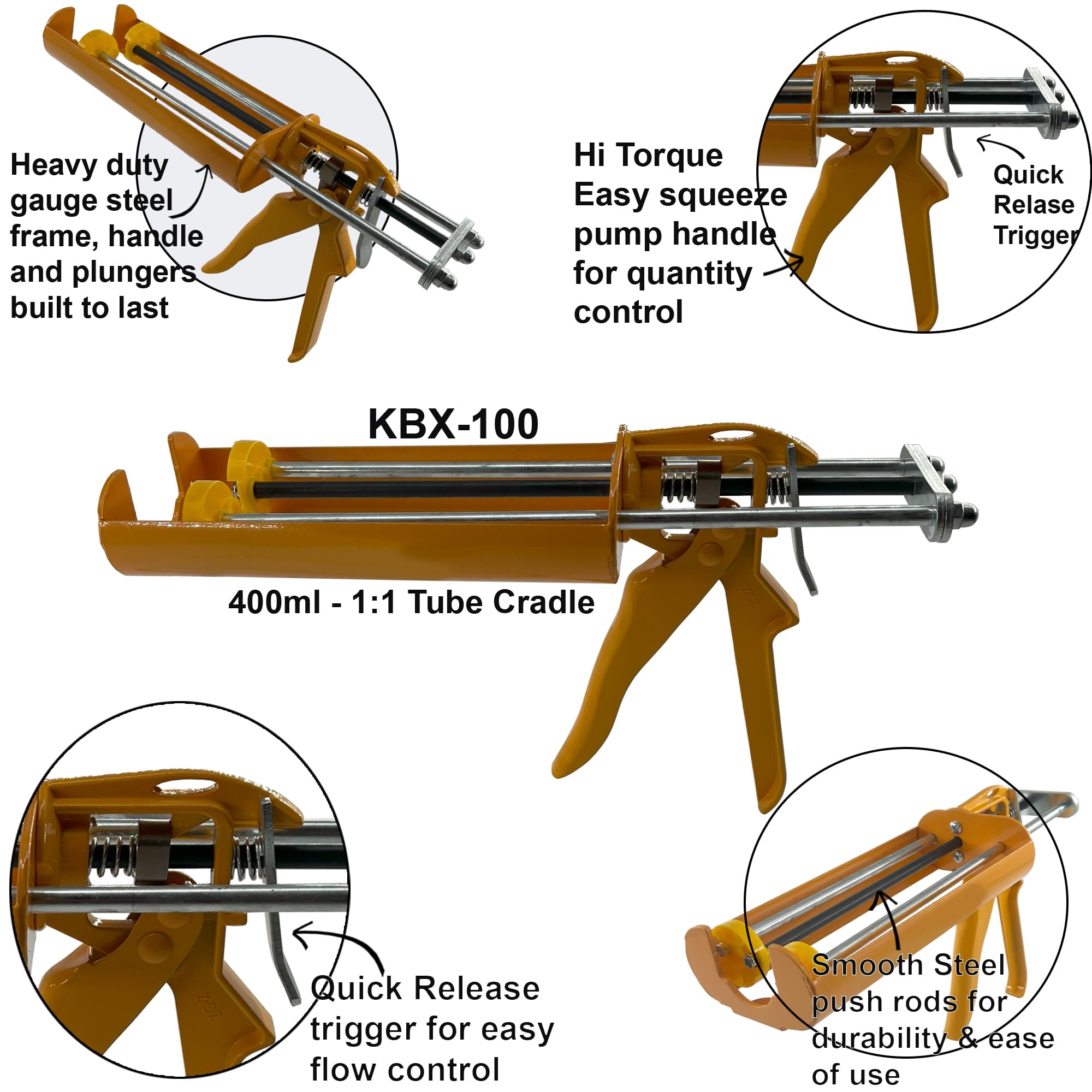 KARBXON - KBX100 - Dual Component Adhesive Epoxy Dispenser 400ml (Accepts 1:1 Mix Ratio Cartridges) 13:1 Thrust ratio - Professional Heavy Duty Dripless Applicator + (9) Shaping Tools