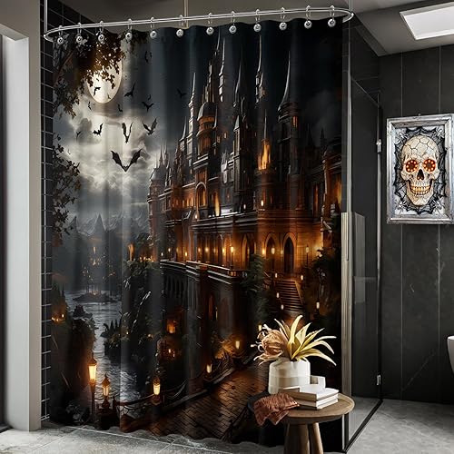 Miniatura 8 de Cortina de ducha de castillo, espeluznante y aterradora, juego de decoración de baño de murciélago gótico negro y dorado, tela impermeable con