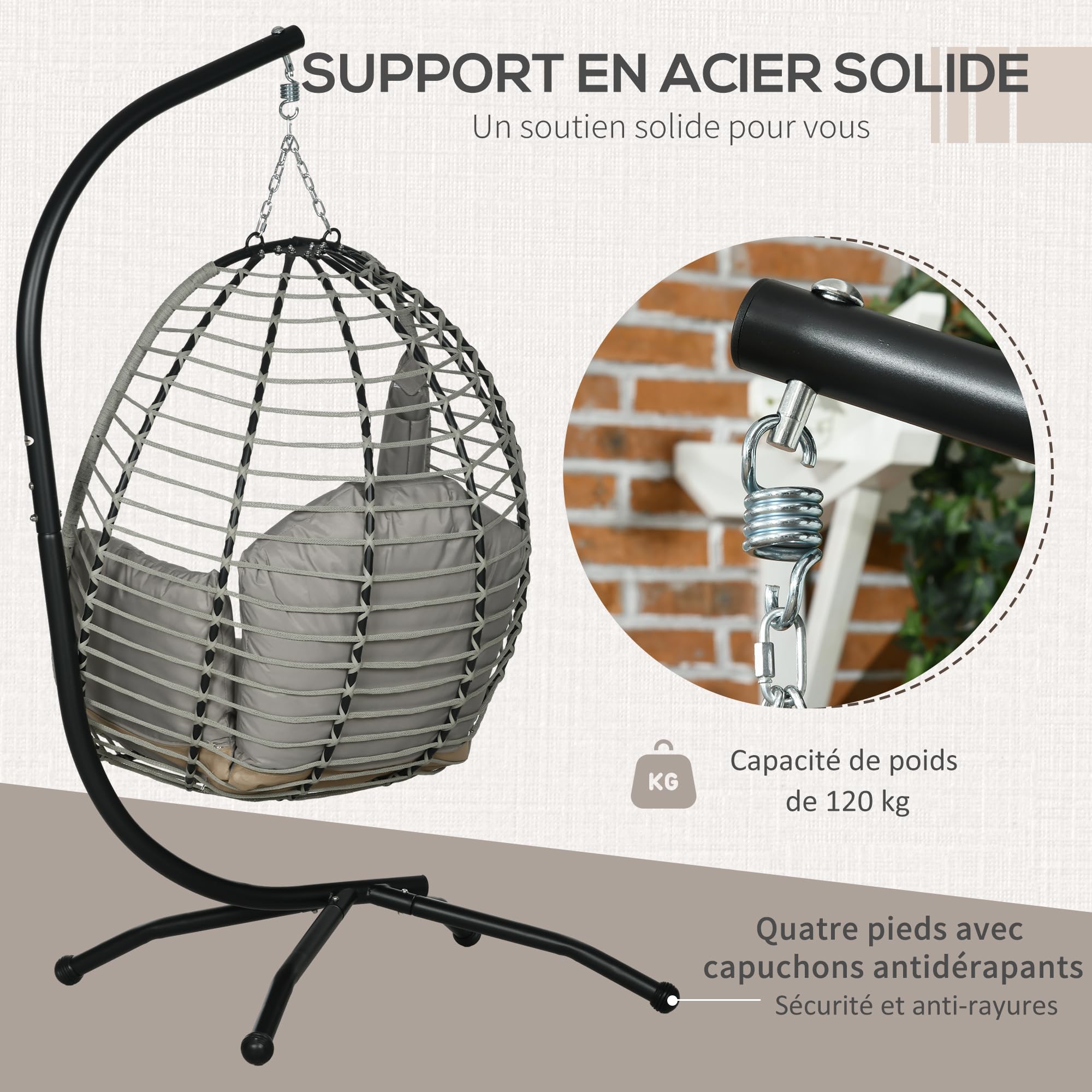 Outsunny Fauteuil œuf Suspendu balancelle Pliante avec Coussin et Support Usage intérieur extérieur métal Corde en polypropylène dim. 110L x 100l x 188H cm Gris