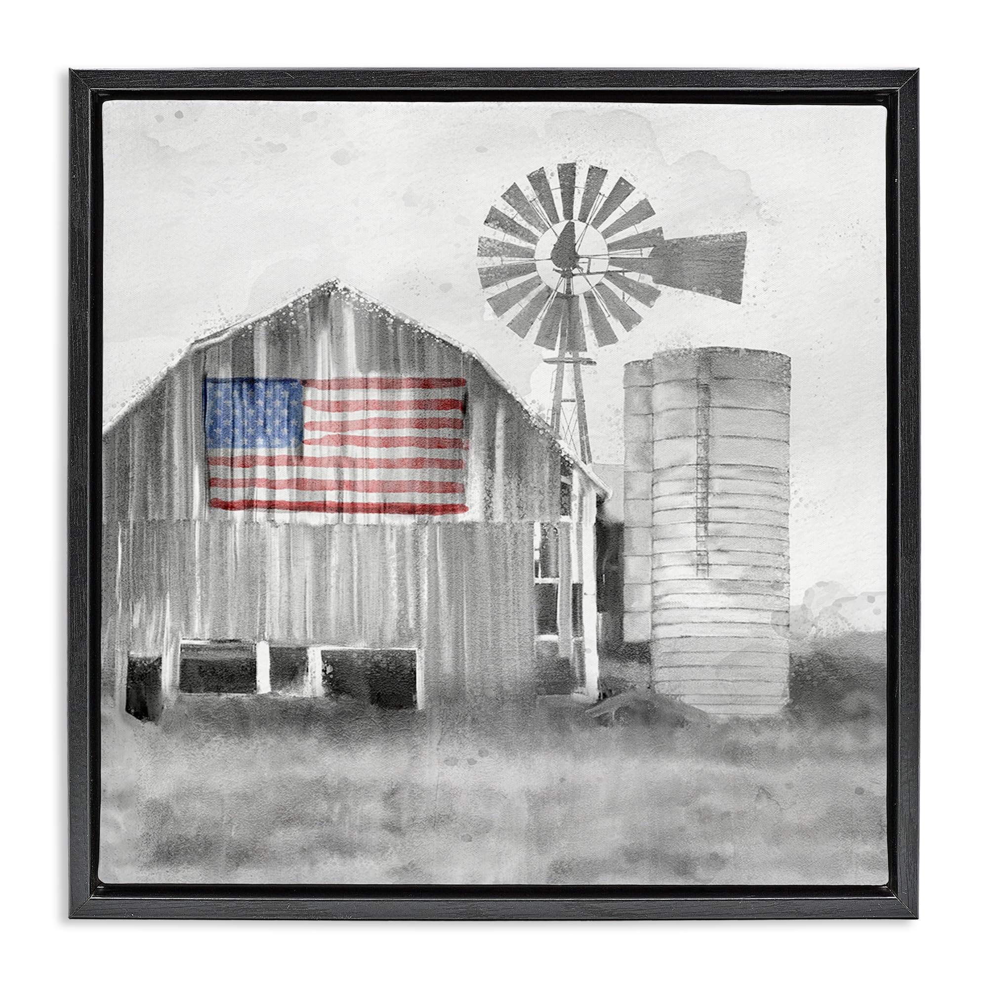 Stupell Industries 'Grandfather's Barn with Flag', Floating Frame Canvas Art, Black, 18 x 18 Inches, Easy to Hang and Sturdy, Made in USA, by Kim Allen