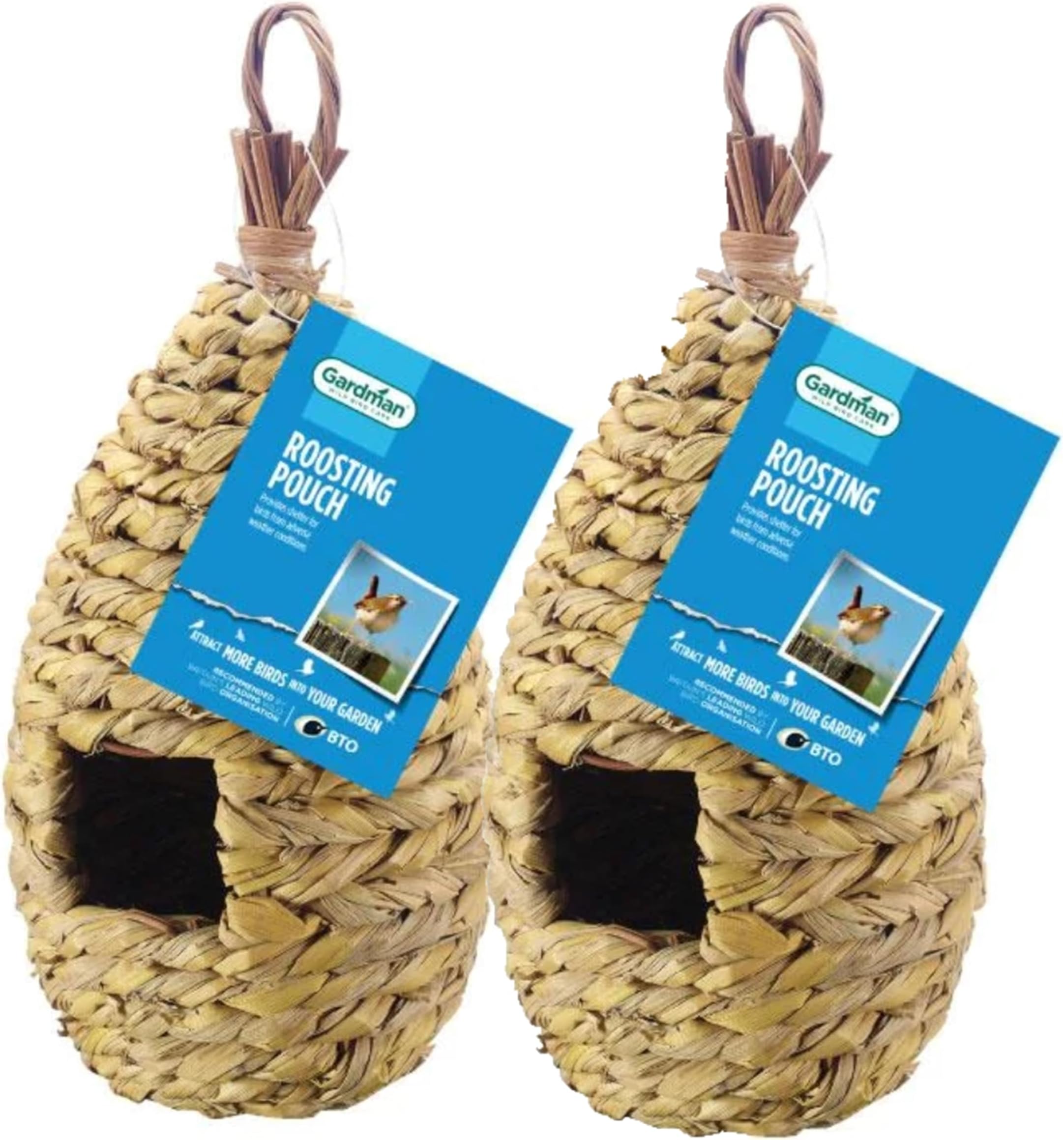 Wild Birds Hanging Roosting Pouch - Pack of 2 Woven Bird House Hanging Bird Hut Nest Shelter for Outside Outdoor Small Garden Birds with Topline Card
