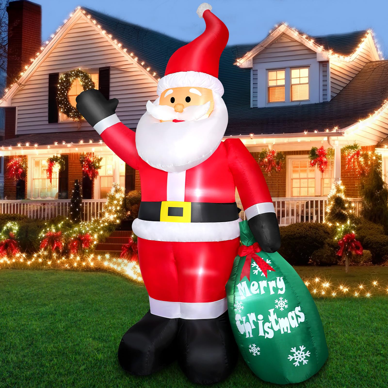 7 FT Christmas Inflatable Santa Claus with Gift Bag, Blow up Giant Santa Claus Indoor/Outdoor Decoration, Built-in LED Lights for Patio Garden Lawn Hall Display Xmas Vacation Holiday Party Home Decor