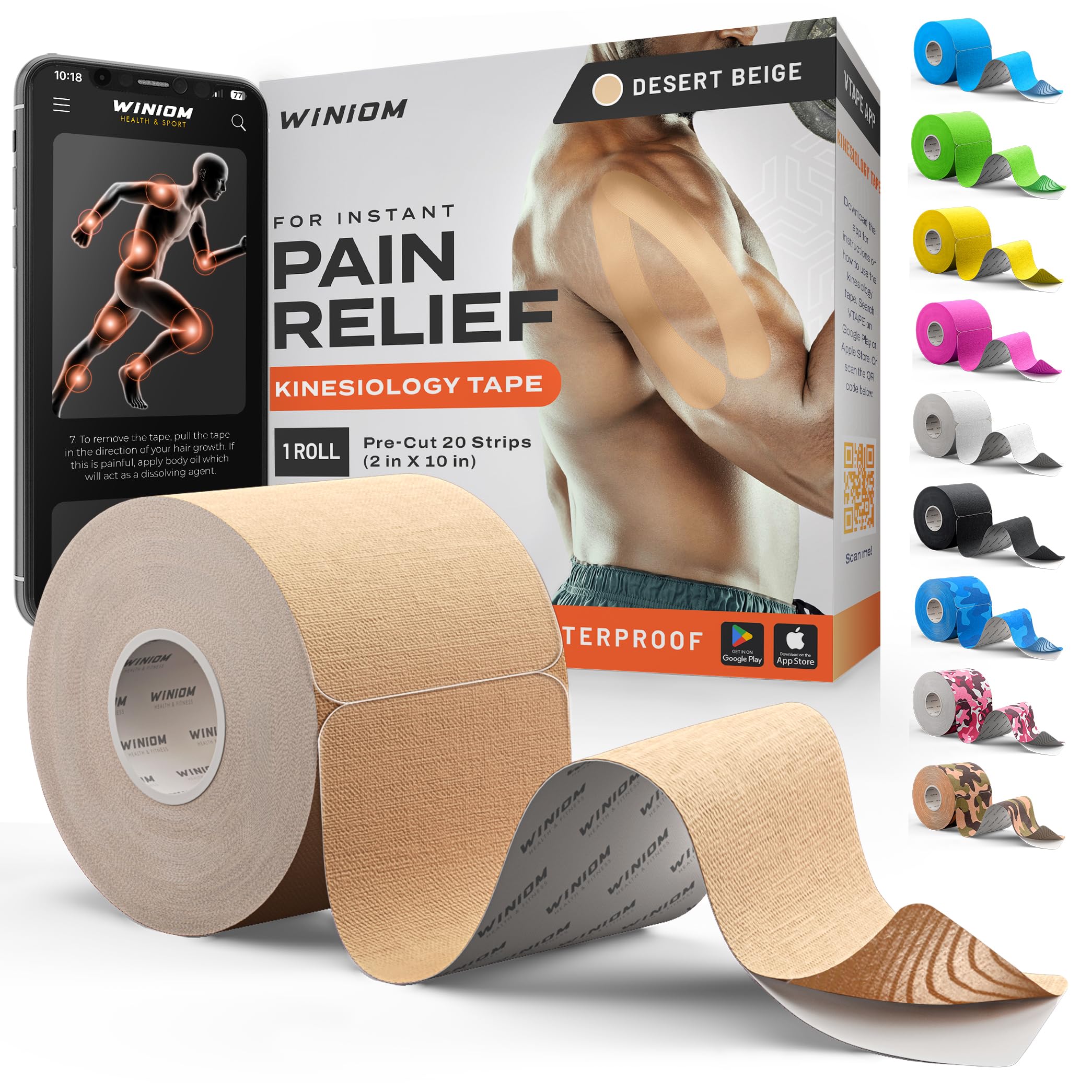 Kinesiology Tape - Waterproof Athletic Sports Tape for Knee, Shoulder, Arm &amp; Back Support | 3-5 Day Adhesion, Hypoallergenic &amp; Latex-Free + Taping Guide (Precut, 2"x16.4ft Roll, Desert Beige)