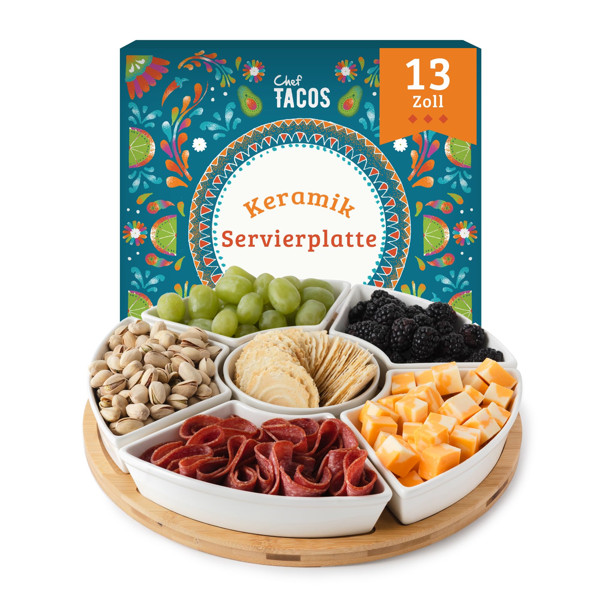 Snackteller mit Fächern Lazy Susan (33 cm), Drehbare Servierplatte Aus Keramik, Snackplatte, Servierschalen Set, Dipschalen Set, Snackschalen, Antipasti Servierplatte