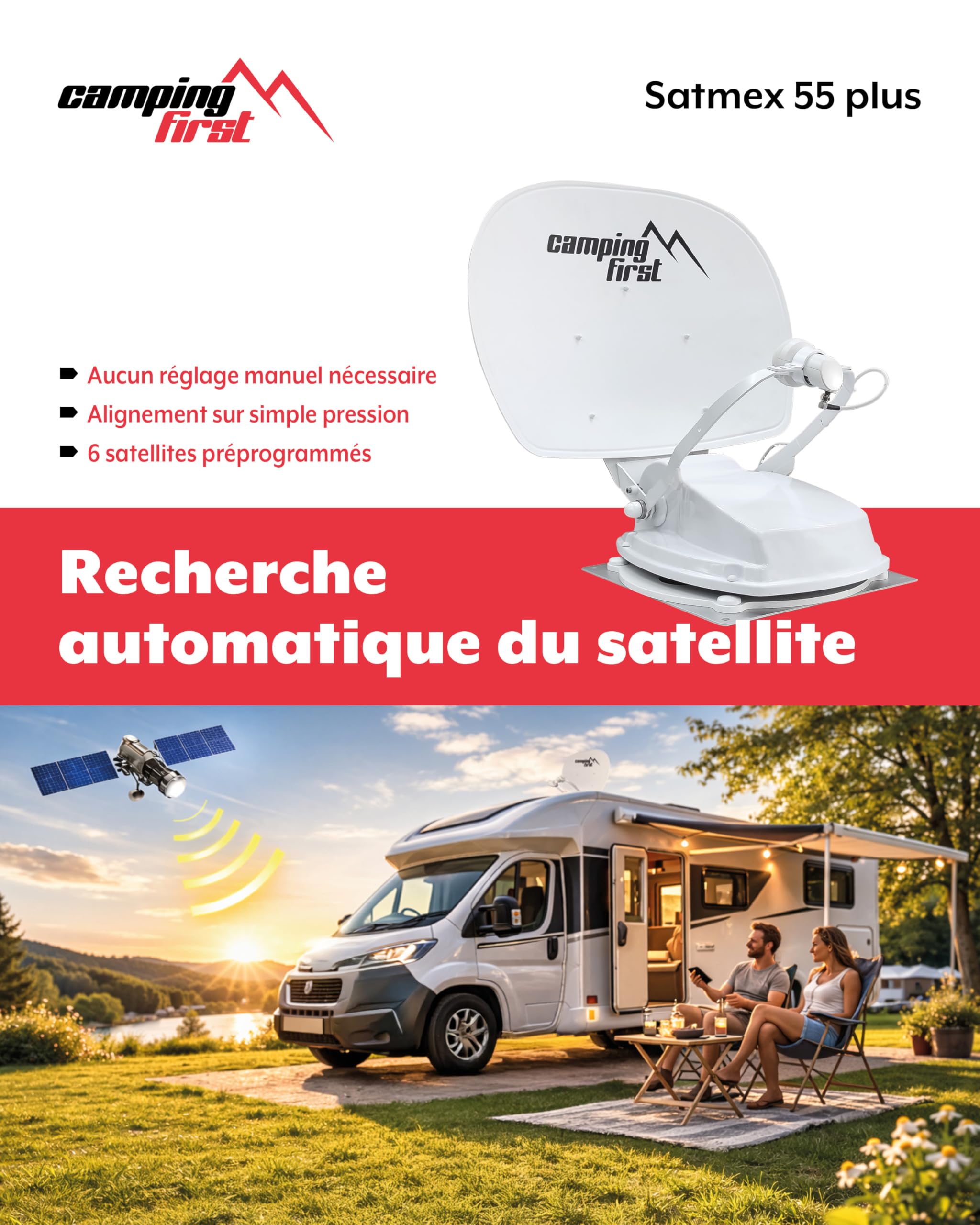 Satmex 55 Plus – Antenne Satellite Automatique – Blanc | Montage sur camping-car, seulement 16 cm de hauteur, Bluetooth, grande portée de réception