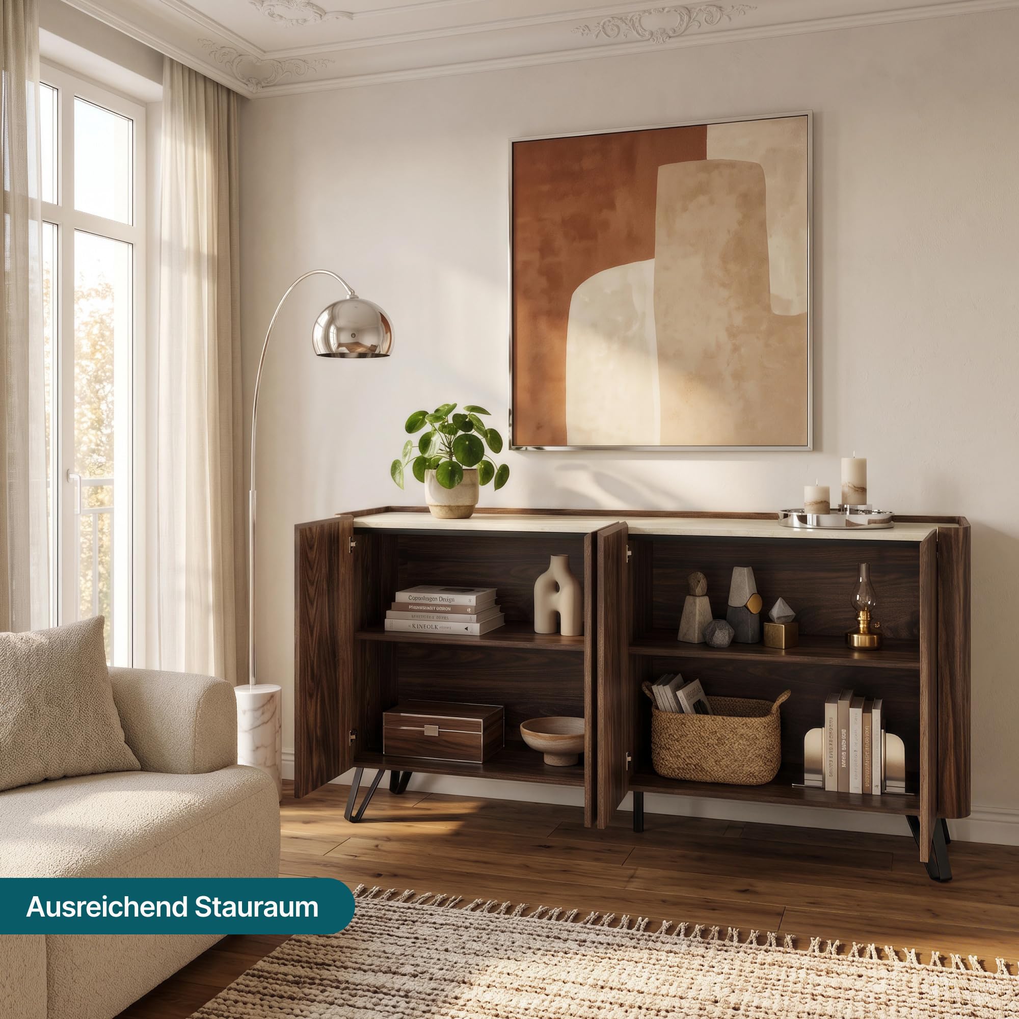 [en.casa] Sideboard Trorlon mit 4 Türen 160x40x83 cm Walnuss/Travertin