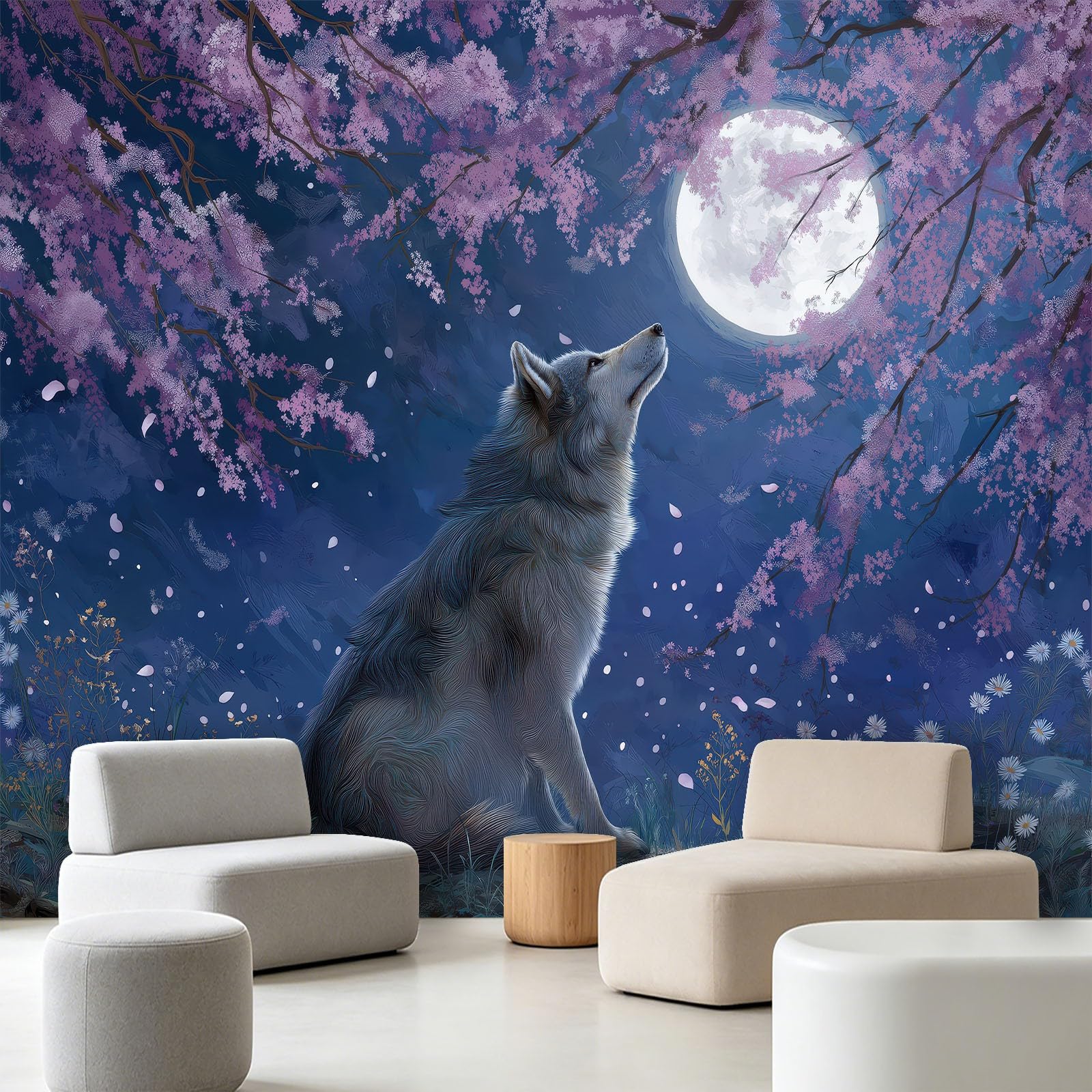 Générique Panoramiczna tapeta z włókniny fantastyczne gwiaździste niebo 250 x 175 cm, wilk kwiaty zwierzę tapeta - do salonu sypialnia jadalnia dekoracja ścienna, rozmiar na zamówienie