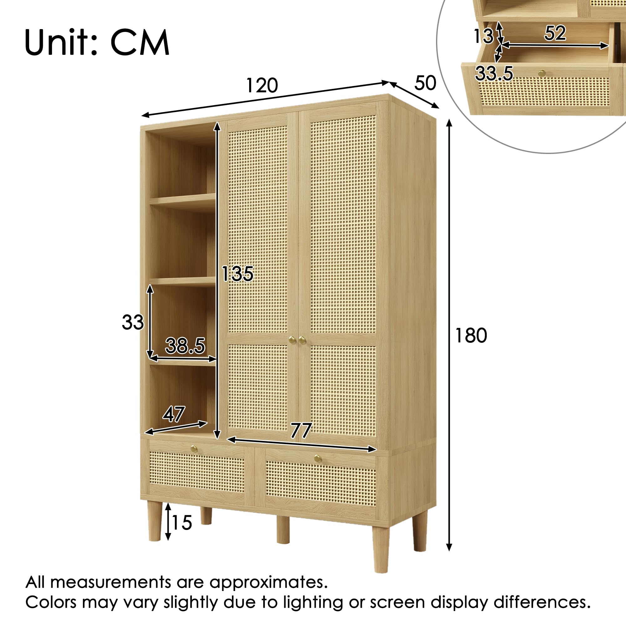 Kleiderschrank mit 2 Türen und Rattan-Geflecht im Landhausstil Eichenoptik, offenes Einlegeboden, Einlegeböden, Kleiderbügel, 2 Schubladen, Kippsicherung (180x120x50cm)