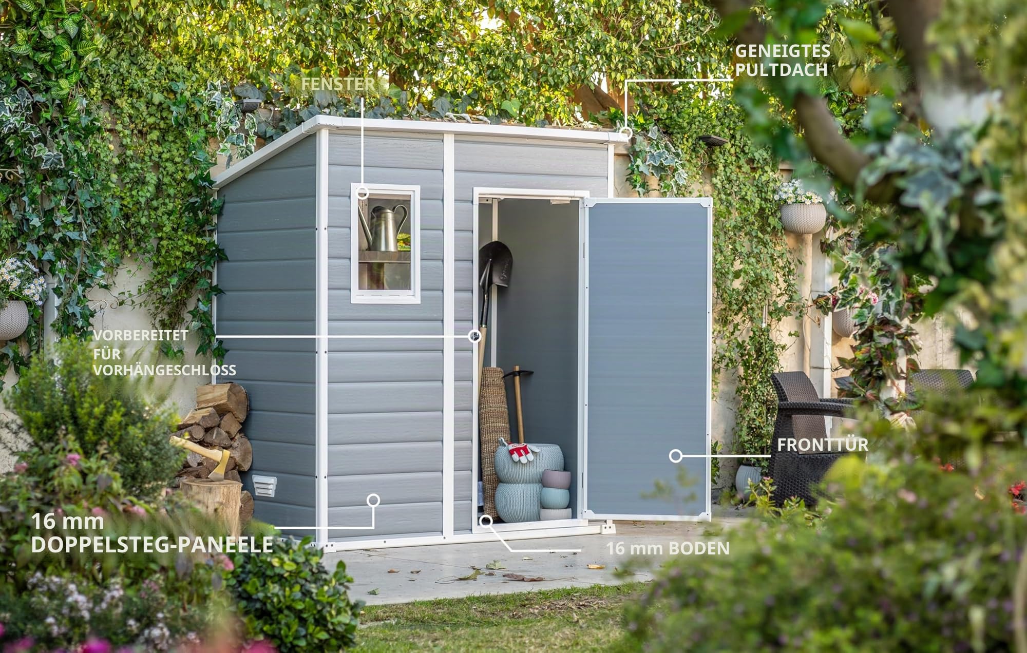 Keter Manor Pent 6x4 Gartenhaus wetterfest, Kunststoff, Outdoor, Außenmaße: BxTxH:183.5 x 111 x 200.5 cm, Innenmaße: 168.5 x 97 x 154 cm, grau