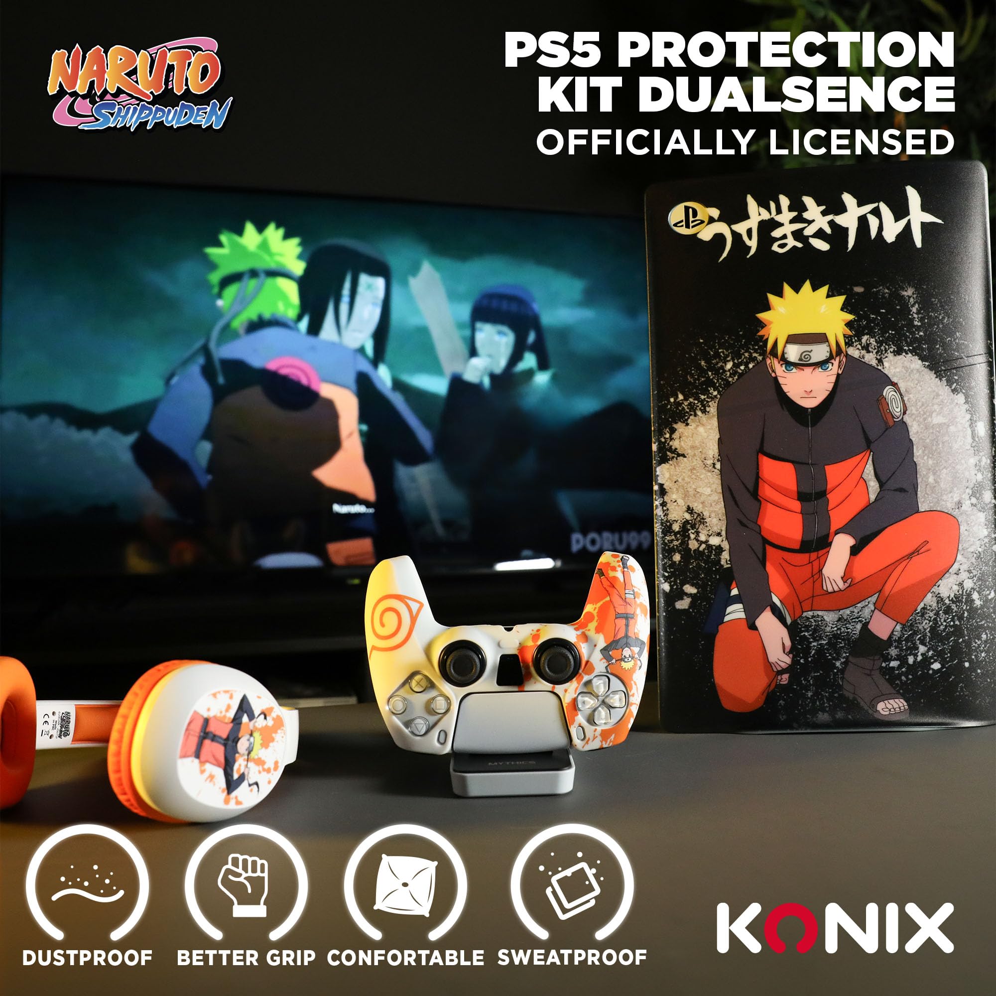 Konix Naruto Shippuden Caracasa Protectora para Mando DualSense de PS5 - Silicona - Apoyos para Pulgares - Diseño Konoha, Naruto - Blanco