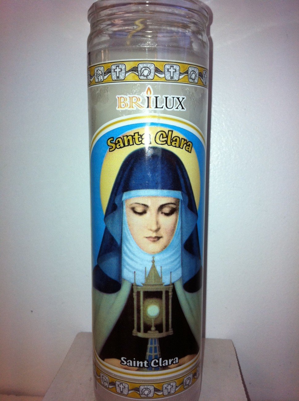 Saint Clara (Santa Clara) 7 Day Unscented White Candle in Glass