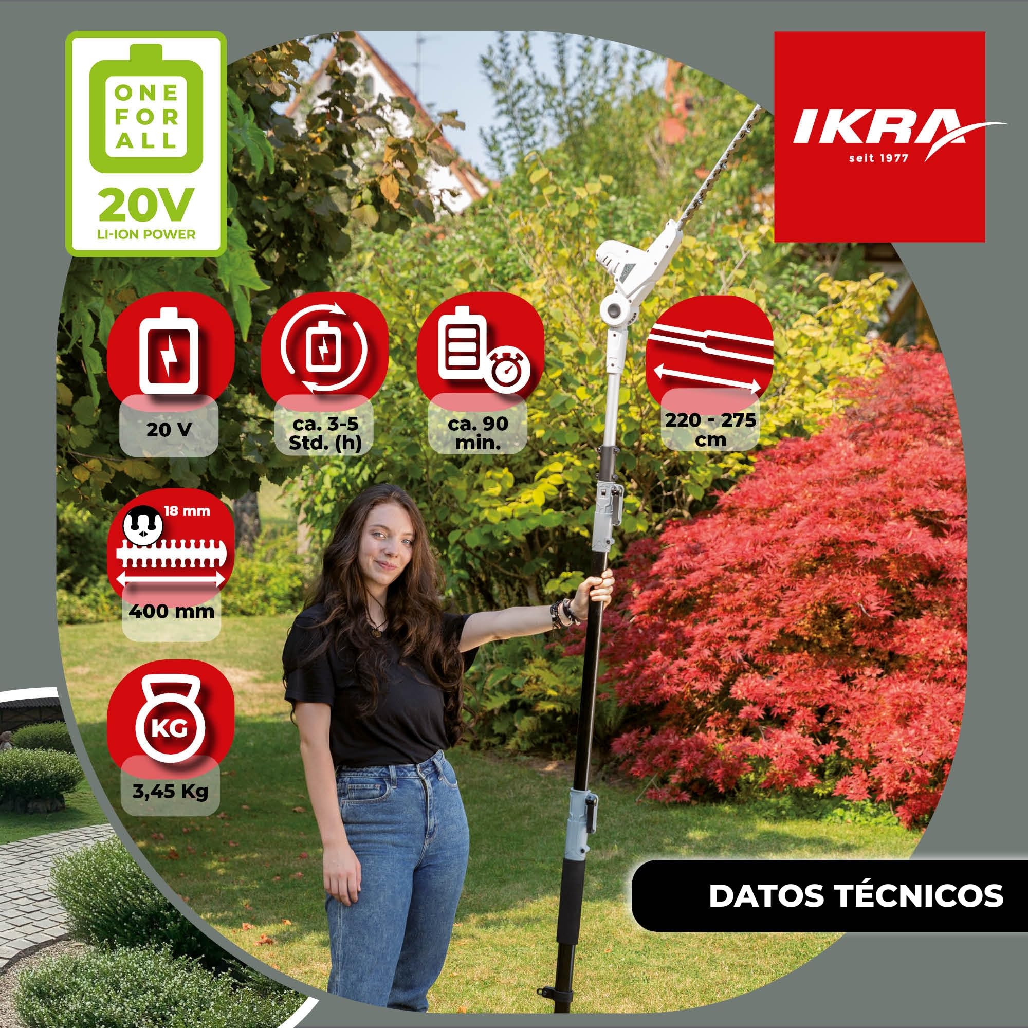 IKRA cortasetos telescópico ICPH 2040 incl. Batería de 20 V, estación de carga de la batería y correa para el hombro