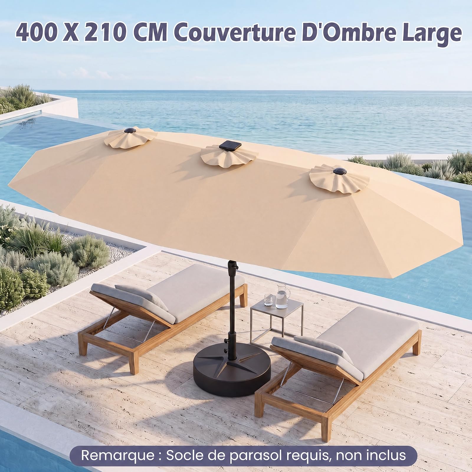 RELAX4LIFE Grand Parasol Double avec LED Multicolore, Parasol de Jardin Extérieur 4M, 12 Baleines, Manivelle, Mât en Métal Revêtu, Polyester Résistant, Abri Solaire pour Terrasse Événement (Beige)