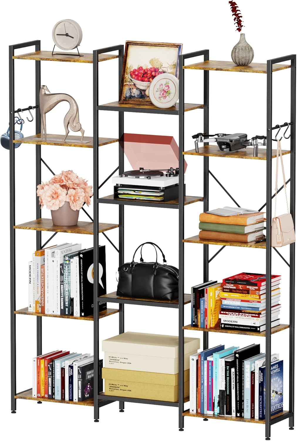 Iaocpio Triple Wide 5 Tiers Bookcases and Bookshelves, Open