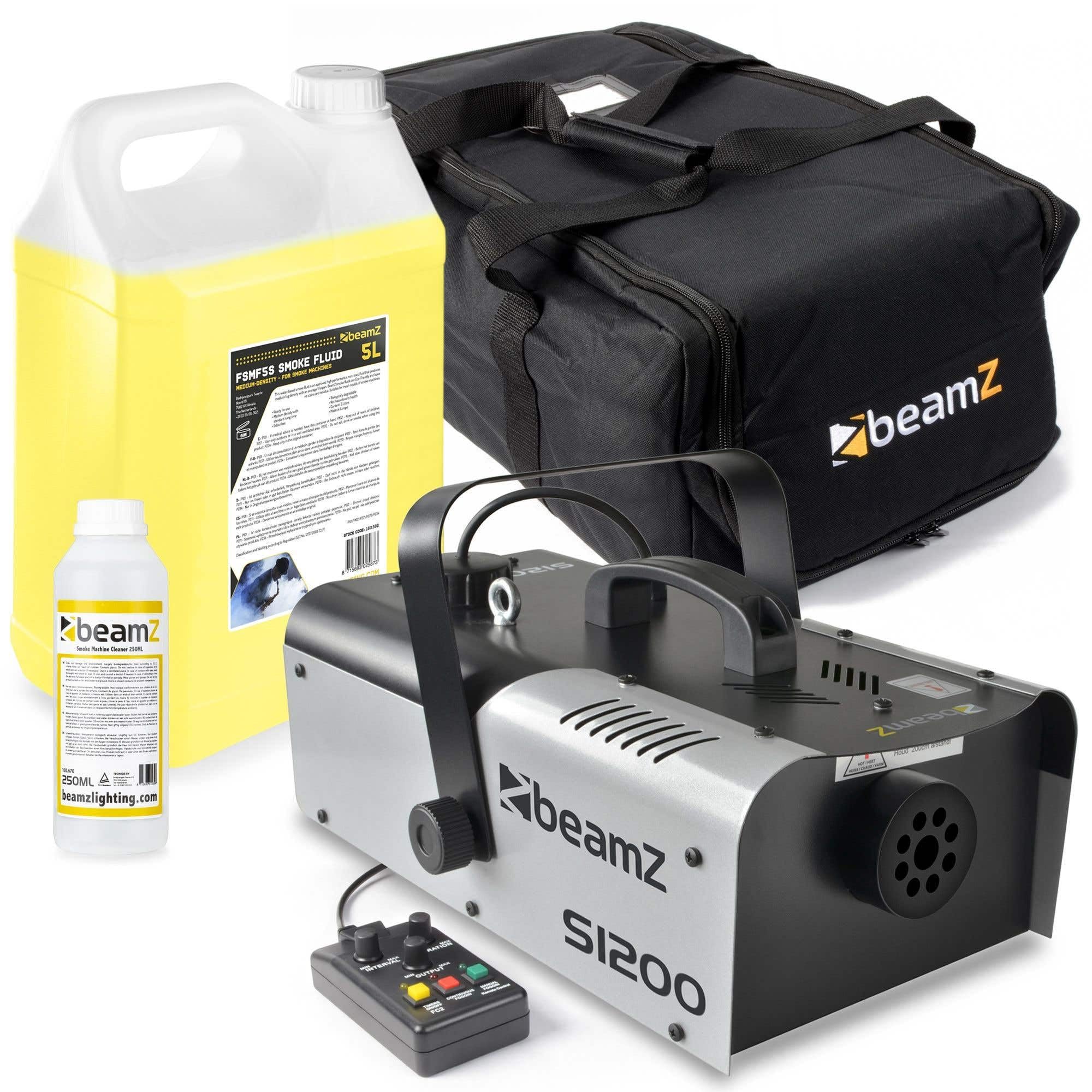 BeamZ S1200 MKII - Máquina de niebla 1200W con bolsa, máquina de humo para fiestas con líquido, intervalo, temporizador, DMX, depósito de 2,5 litros, niebla para fiestas disco para DJs, fiestas