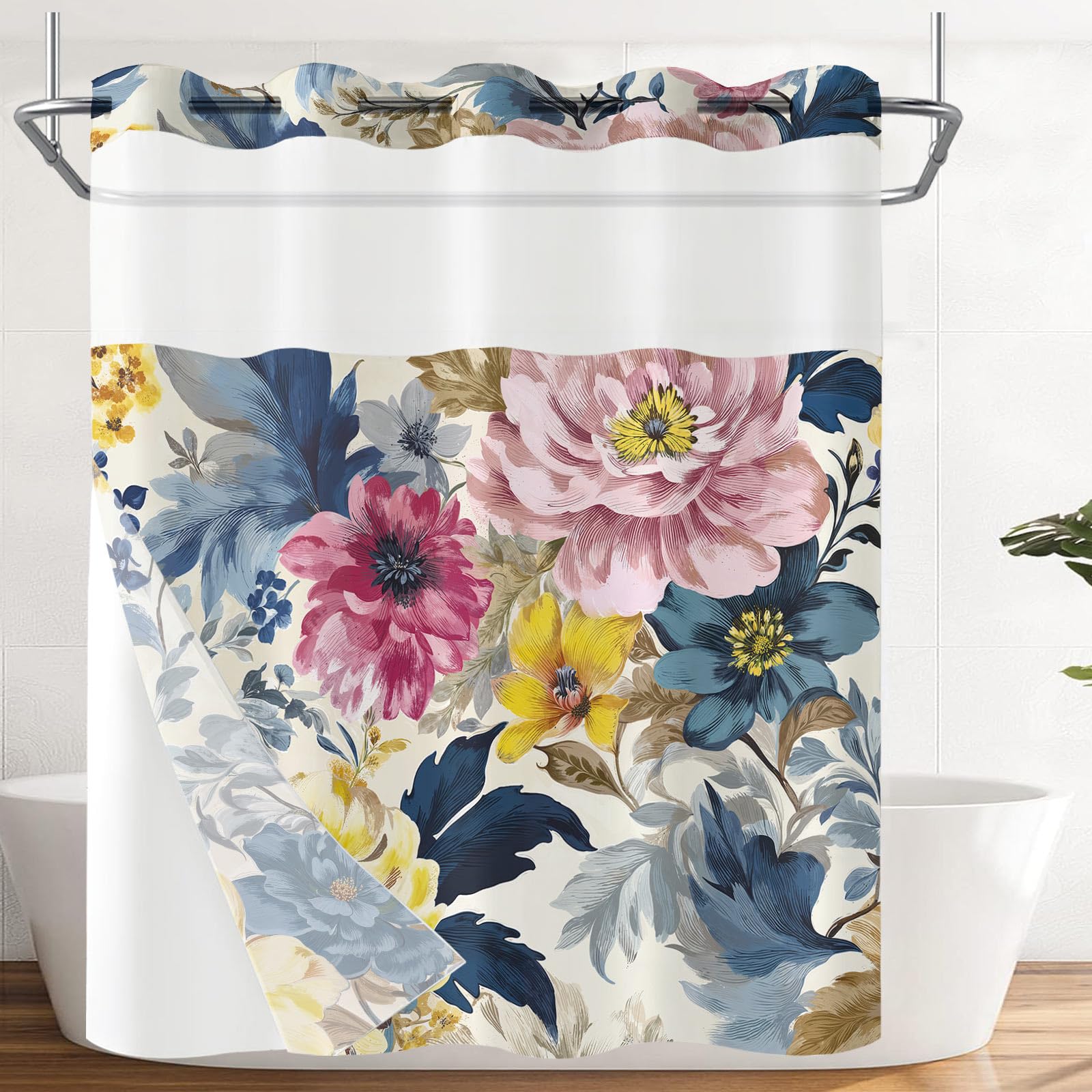 Amazon.com: Faxdong Floral Hookless Shower Curtain, Botanical Flower ...