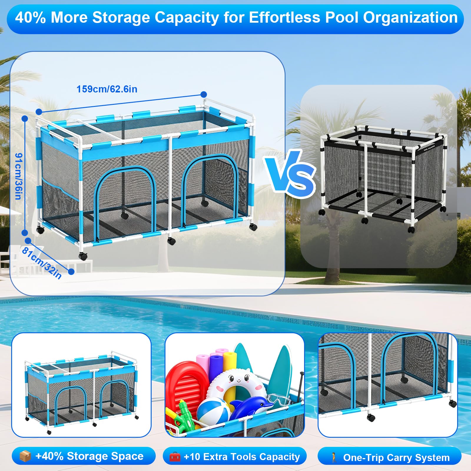 Upgrade - Carrito de almacenamiento para piscina con ruedas, 160 × 82 × 98 cm, organizador de malla para equipo de natación, fideos de piscina, juguetes y toallas, gran capacidad con asa y