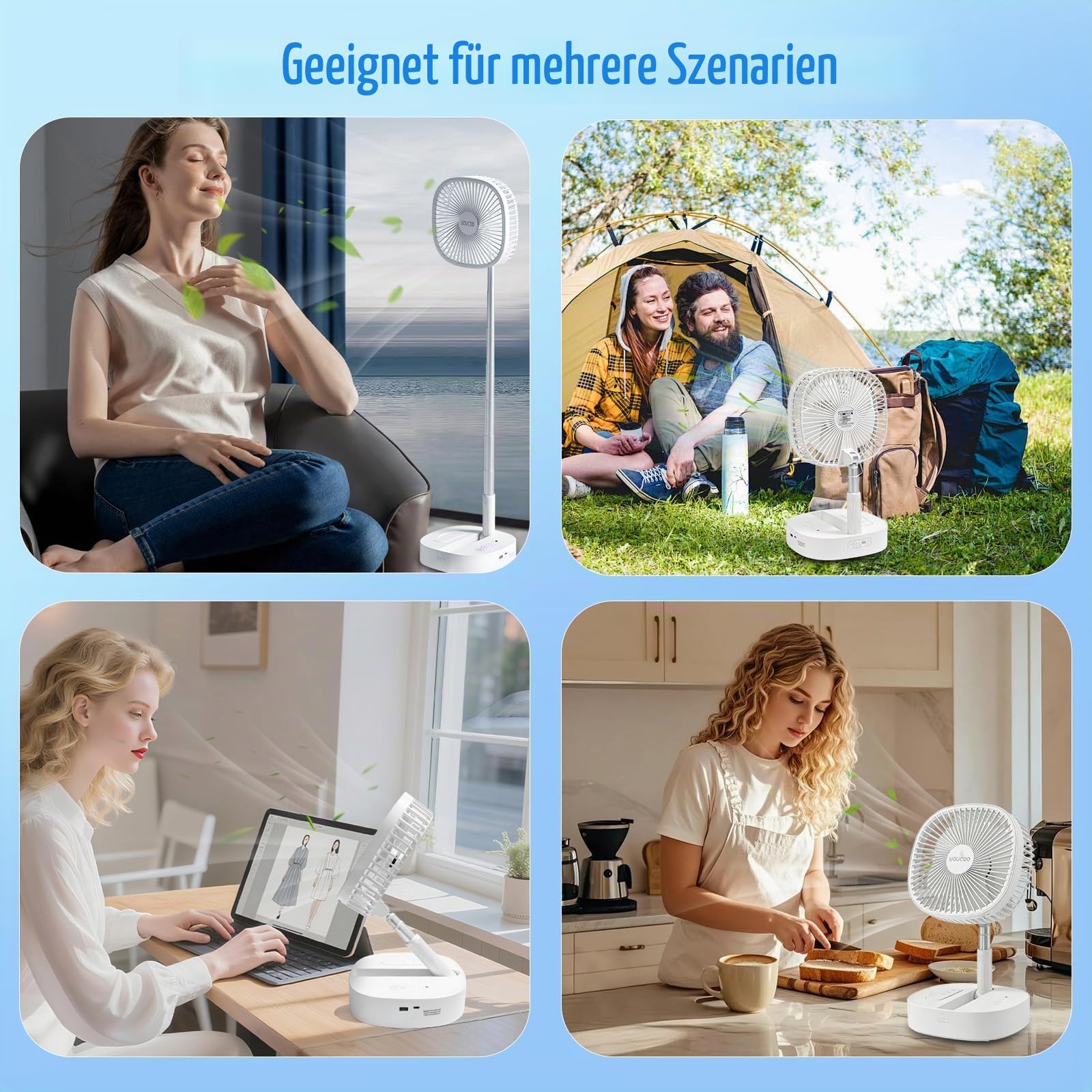 Tragbarer Oszillierender Ventilator, 22,9 cm, zusammenklappbar, mit wiederaufladbarem 7200 mAh Akku, USB-betriebener Bodenventilator, höhenverstellbar, 4 Geschwindigkeiten, leise, inkl