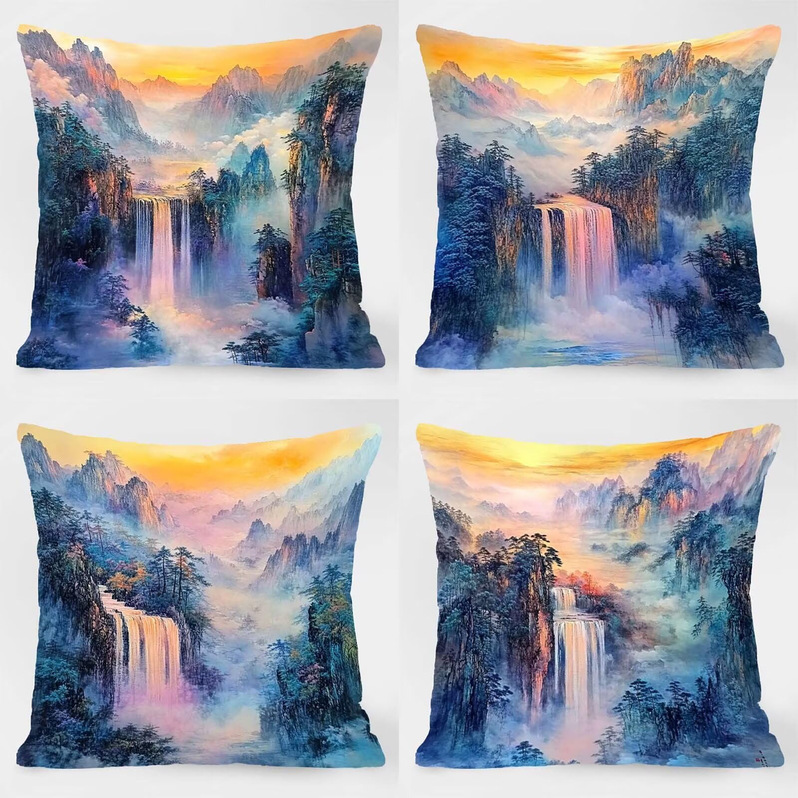 Poszewki na poduszki 61 x 61 cm, krajobraz poduszki na zewnątrz wodoodporne kwadratowe poszewki na poduszki 4 sztuki, wiejski dwustronny nadruk dekoracyjne poszewki na poduszki do dekoracji domu sofa
