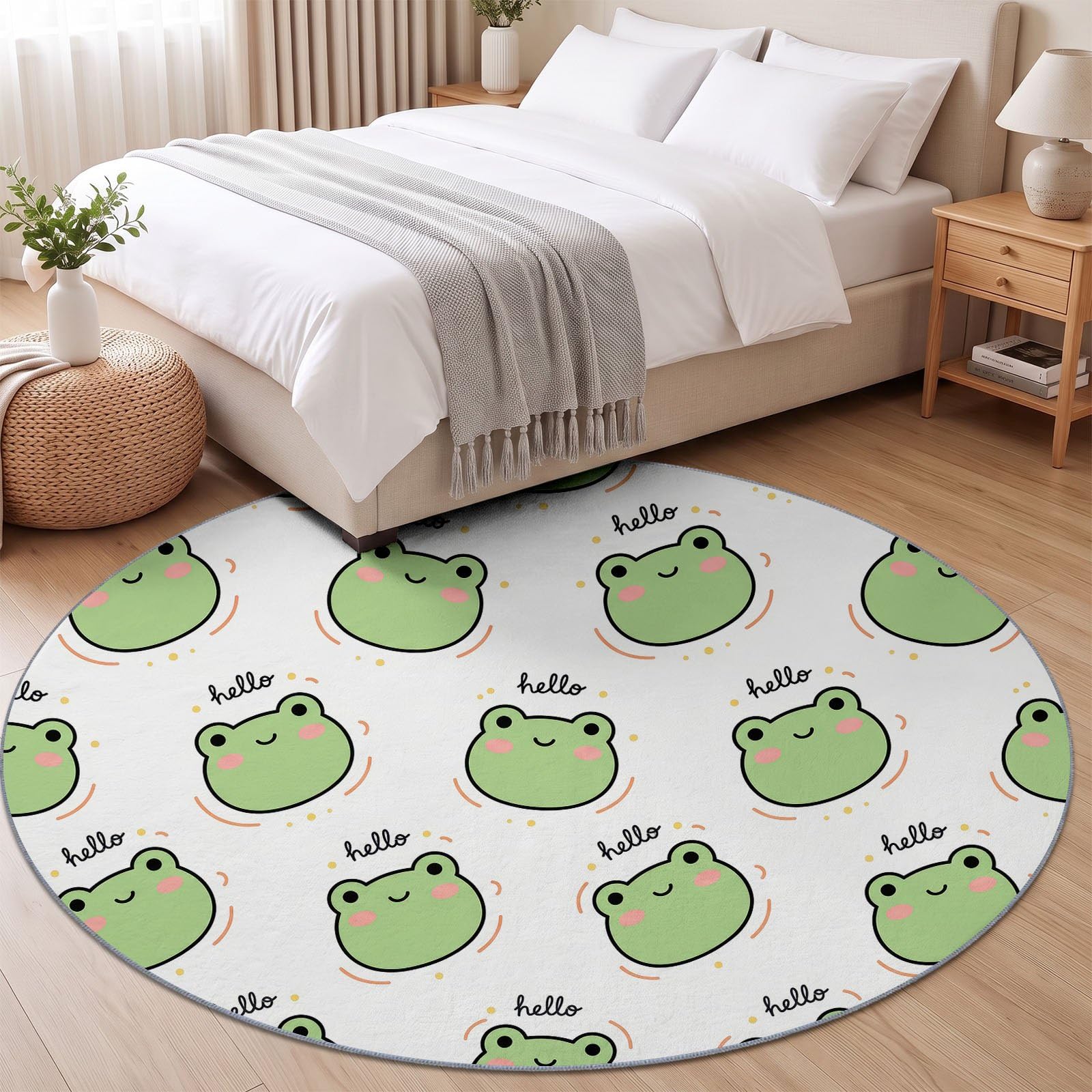 Okrągły dywan, zielony, biały, 200 cm, nadaje się do prania, z krótkim włosiem, okrągły, antypoślizgowy i miękki, kreskówka, żaba, litery, serca, kropki, dywan do salonu, sypialni, kuchni, pokoju