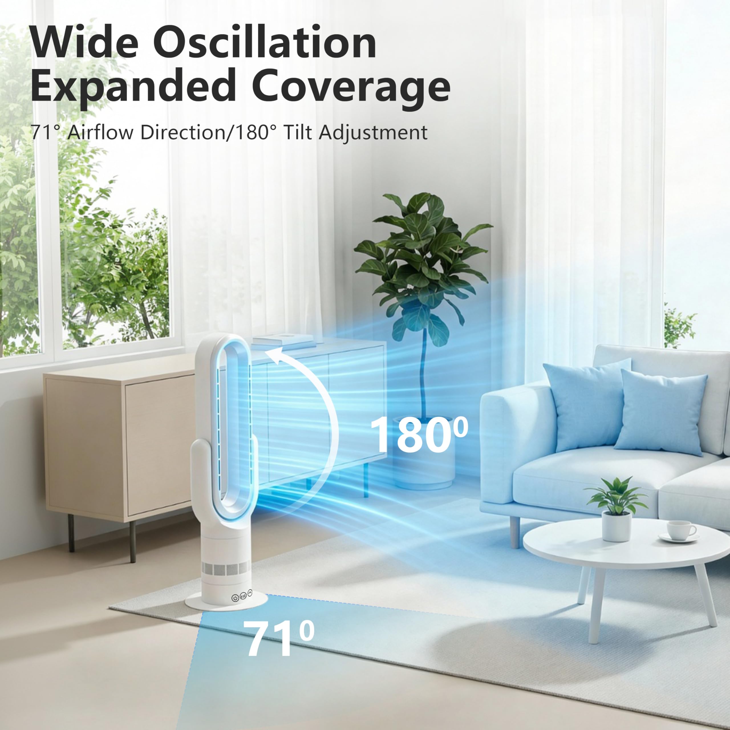 QG830 Ventilateur Tour Sans Pale, Chauffage & Refroidissement 2-en-1, Télécommande et Commande Tactile, 10 Modes Froid + 3 Chaud, Moteur DC Ultra-Silencieux