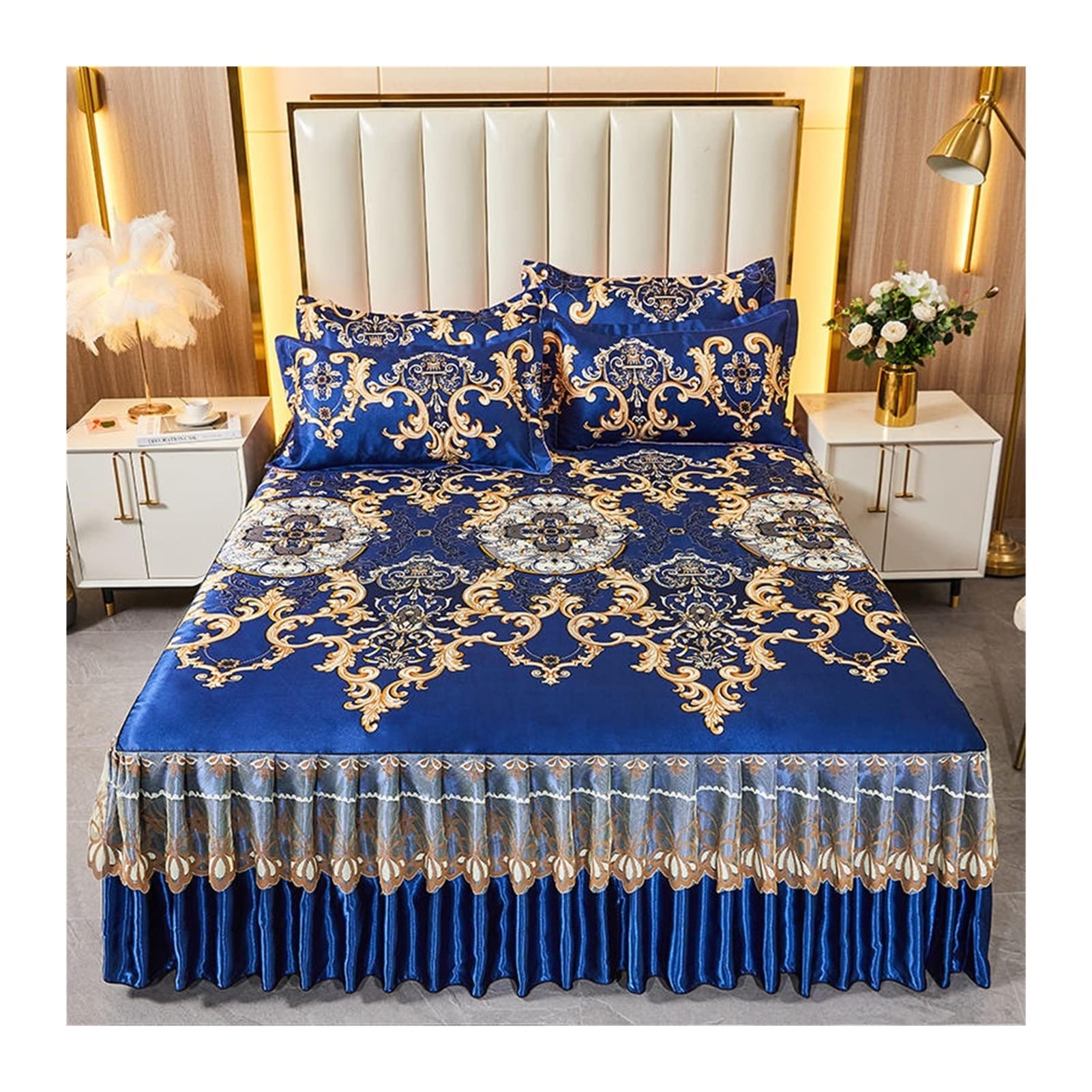Sabanas Seda Juego de 3 uds de Falda de Cama de Seda Helada de Estilo Princesa, Funda de Almohada, Colcha de Encaje de tamaño Queen King, sábana Suave y Fresca(Tape-1,200x220cm 3pcs)