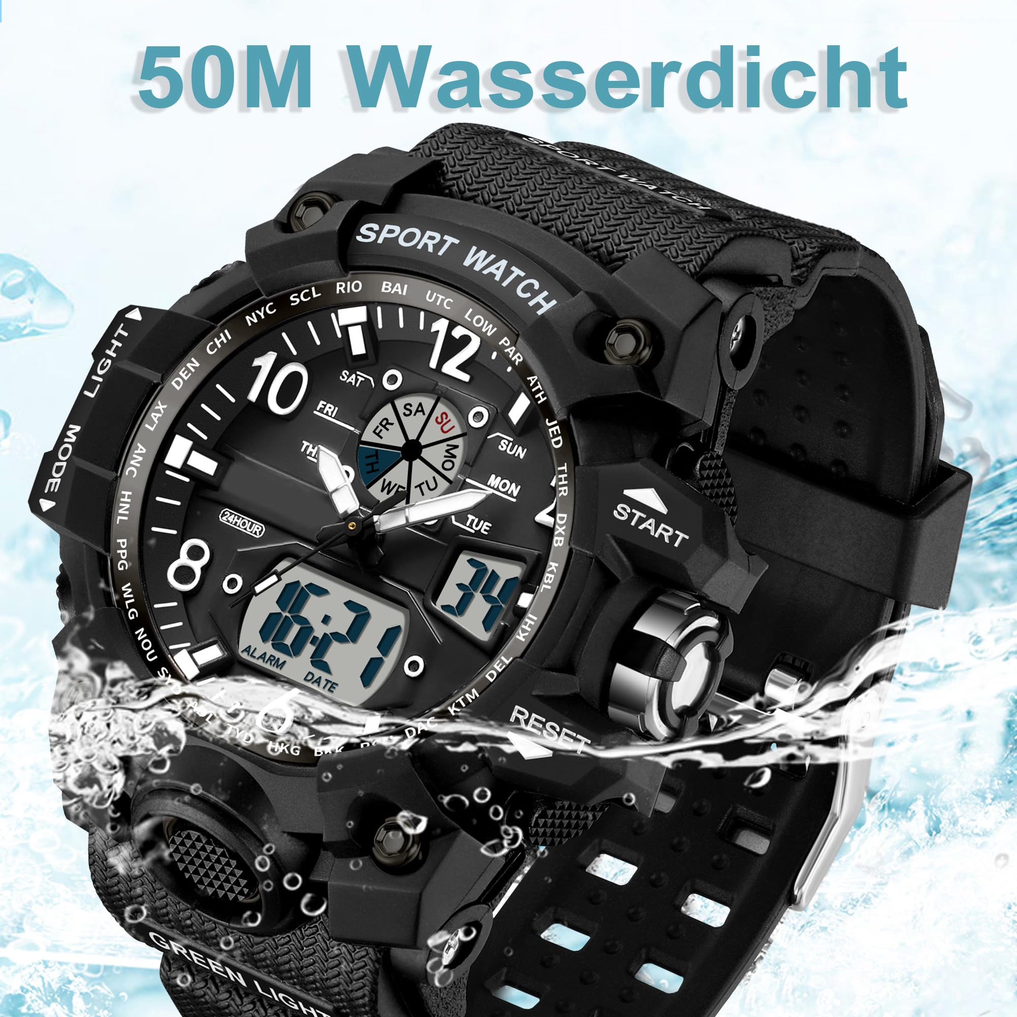 findtime Montre-bracelet numérique pour femme - Étanche jusqu'à 5 ATM - Montre militaire - Montre numérique pour garçons et filles - Montre de sport analogique numérique LED multifonction avec réveil