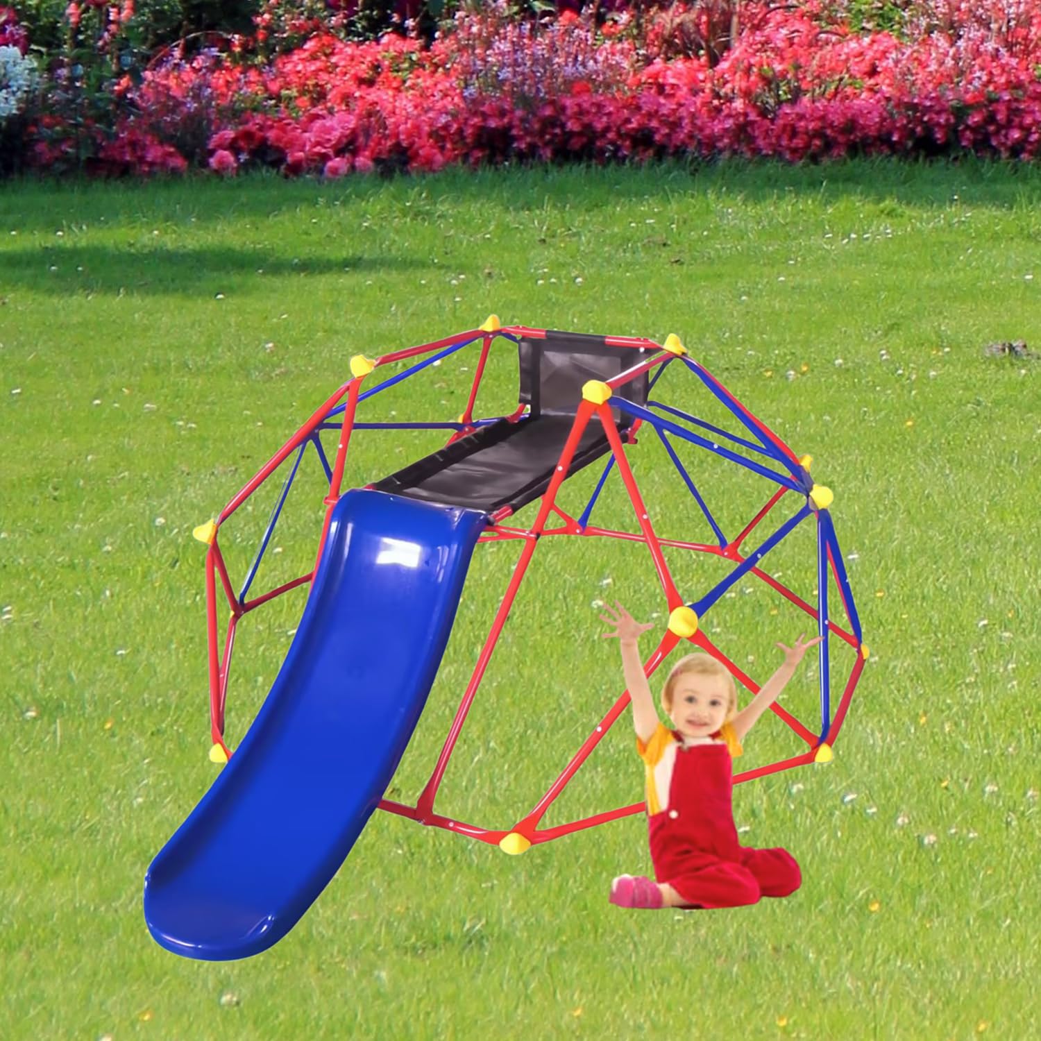 Climbing Dome with Slide,6FT Jungle Gym Monkey Bar for Backyard,Dome Climber with 1.2m Slide,Outdoor Playground Climbing Dome with Slide,for 3+ Boys Girls Toddlers Backyard Gift Present