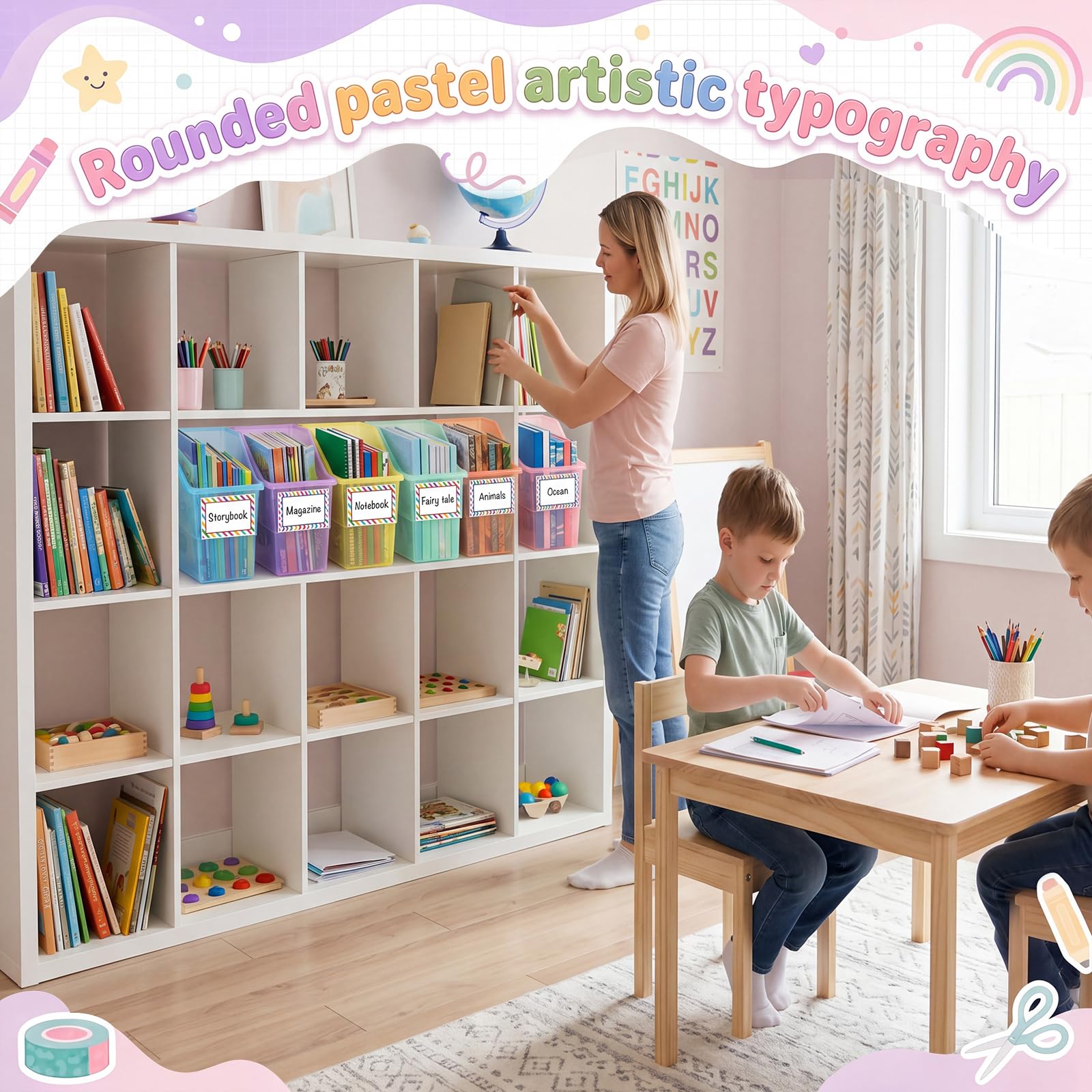 Blosssound Set di 12 contenitori per libri per aule con etichetta adesiva per libri, in plastica, impilabili, per riporre e organizzare in classe, biblioteca, casa, scuola (pastello traslucido)