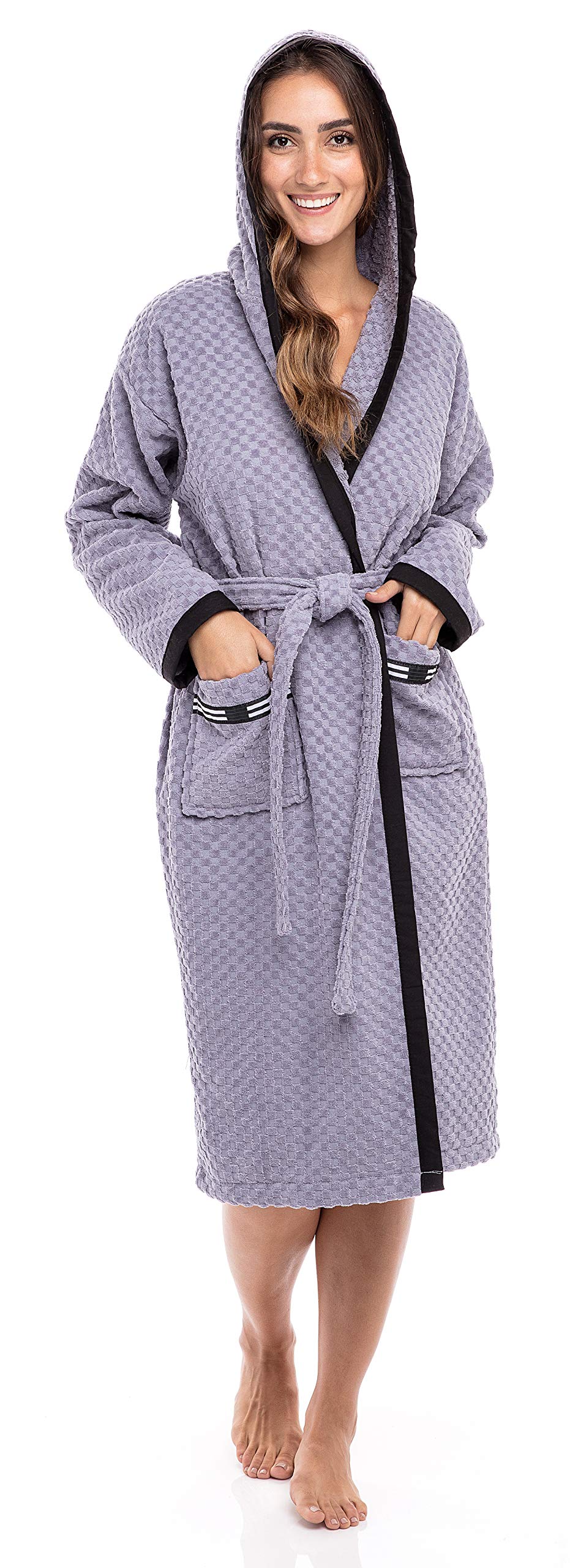 Skylinewears Womens Knee Length Robe, Premium Cotton Hooded Bathrobe Hotel Spa Terry Cloth Robe for Women