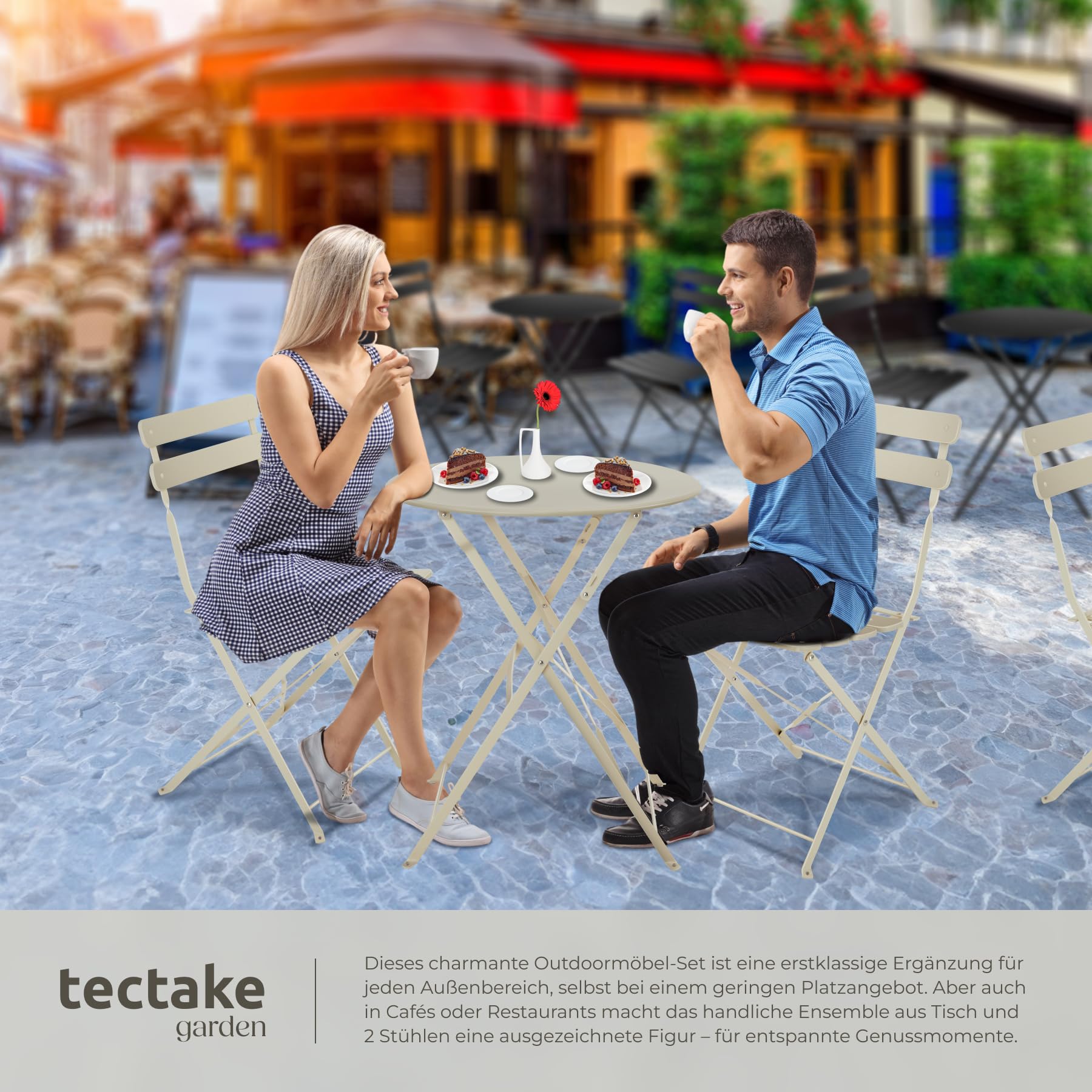 tectake® Gartenmöbel Bistro Set aus Gartentisch mit Stühlen, Balkonmöbel Kleiner Balkon, Klapptisch mit 2X Gartenstuhl, Outdoor Sitzgruppe mit Balkontisch, wetterfest für Garten, Balkon (Creme)