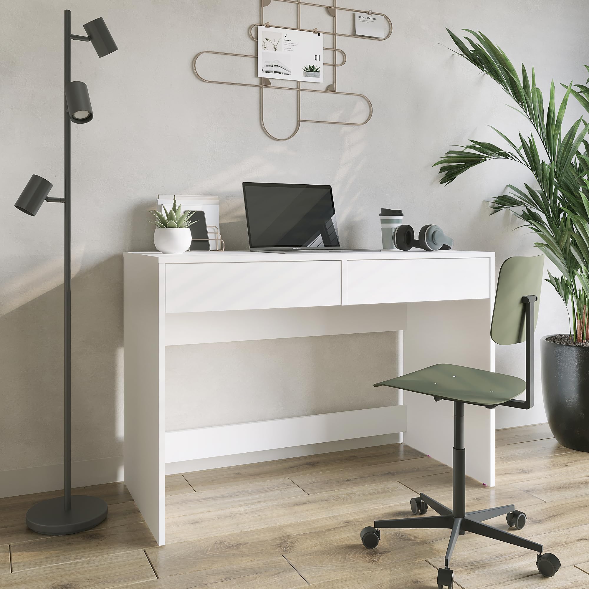 KOMTO Biurko Komputerowe Białe 110 cm z 2 Szufladami – Nowoczesny Stół Biurowy do Domu i Pokoju Dziecięcego, Miejsce do Nauki i Pracy | NOVA2 110 x 52,8 x 76 cm