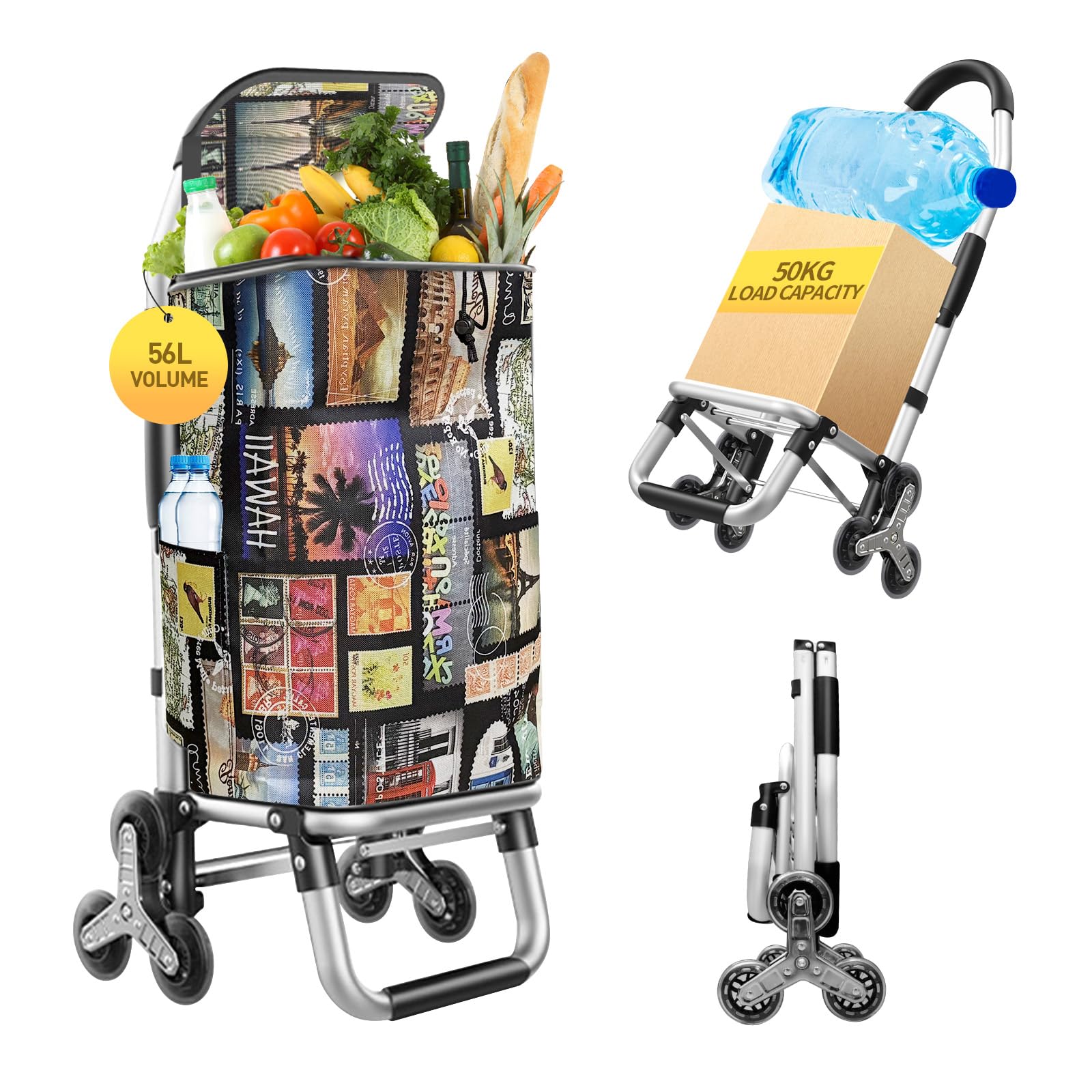 Carrello della spesa 3 in 1 resistente, carrello pieghevole a mano con 6 ruote, carrello della spesa da 49,9 kg, carrello portatile multiuso, borsa impermeabile per traslochi, campeggio