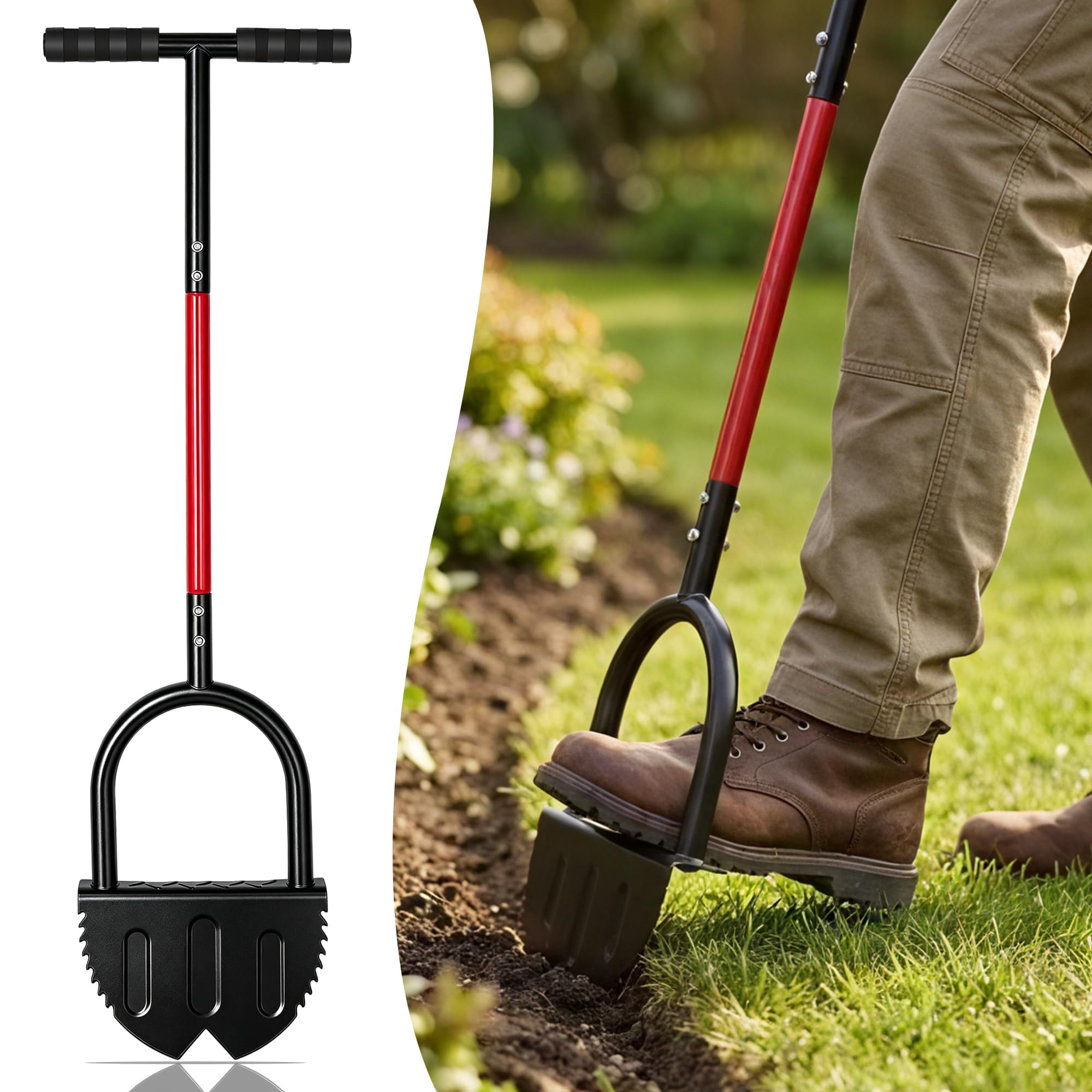Herramienta manual para cortar césped, bordeadora de jardín de media luna para dar forma a césped y cama | Mango largo de 37 pulgadas, hoja en V afilada, acero sólido duradero, herramienta para bordes de césped y zanjas