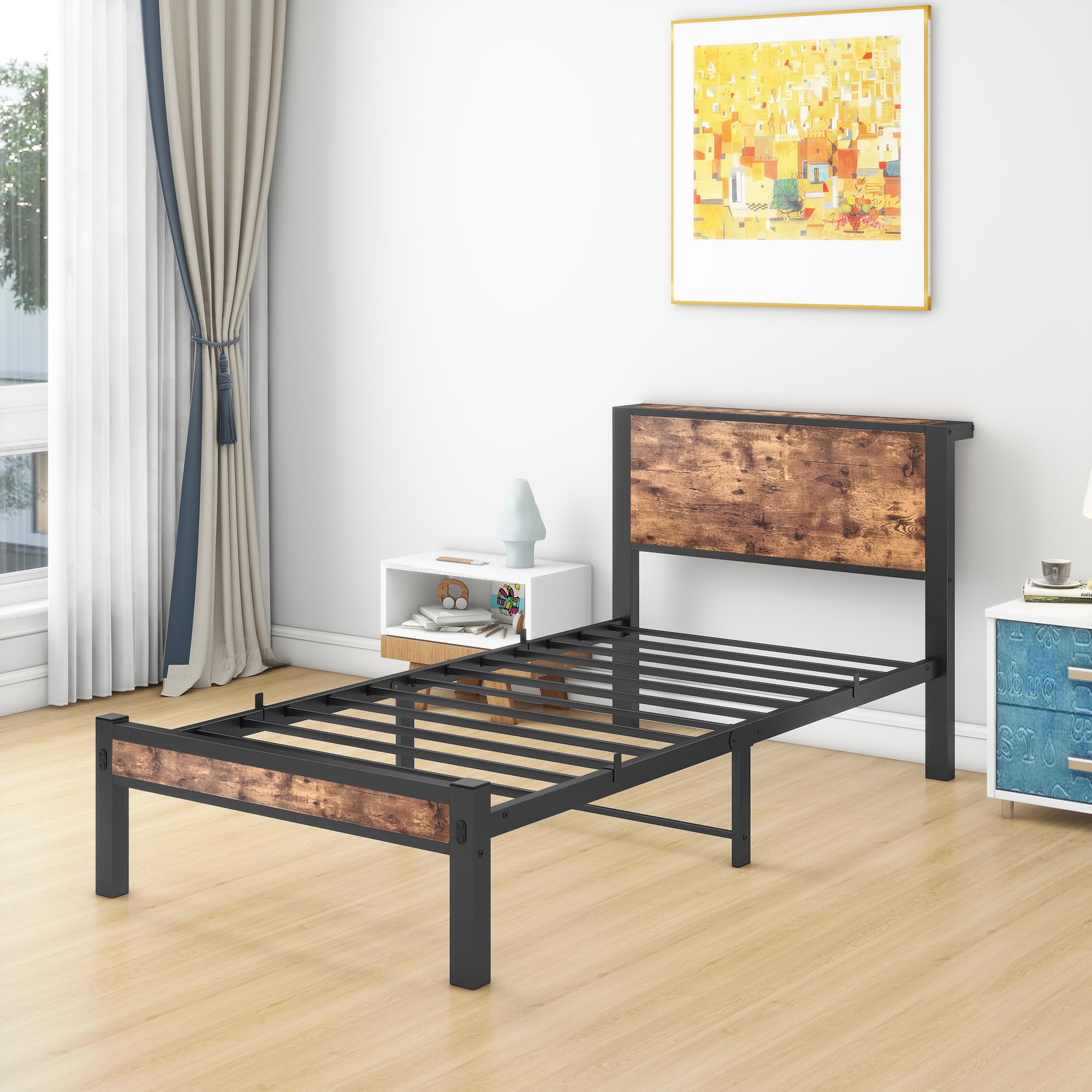 HOMERECOMMEND Bett 90x200 Bettgestell Bettkopf mit Ablagefläce,Lattenrost Metall,Gästebett für kleine Räume, Schwarz