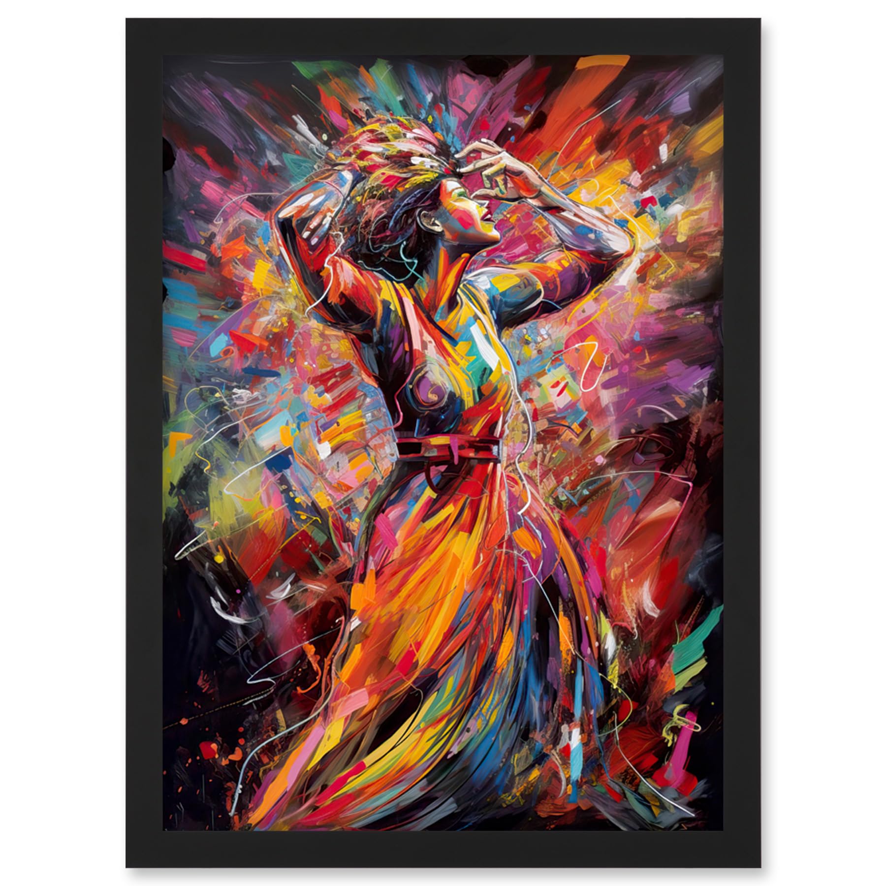 Artery8 Happy Woman Dancing to Music Modern Vibrant Colour Artwork Framed Wall Art Print A4