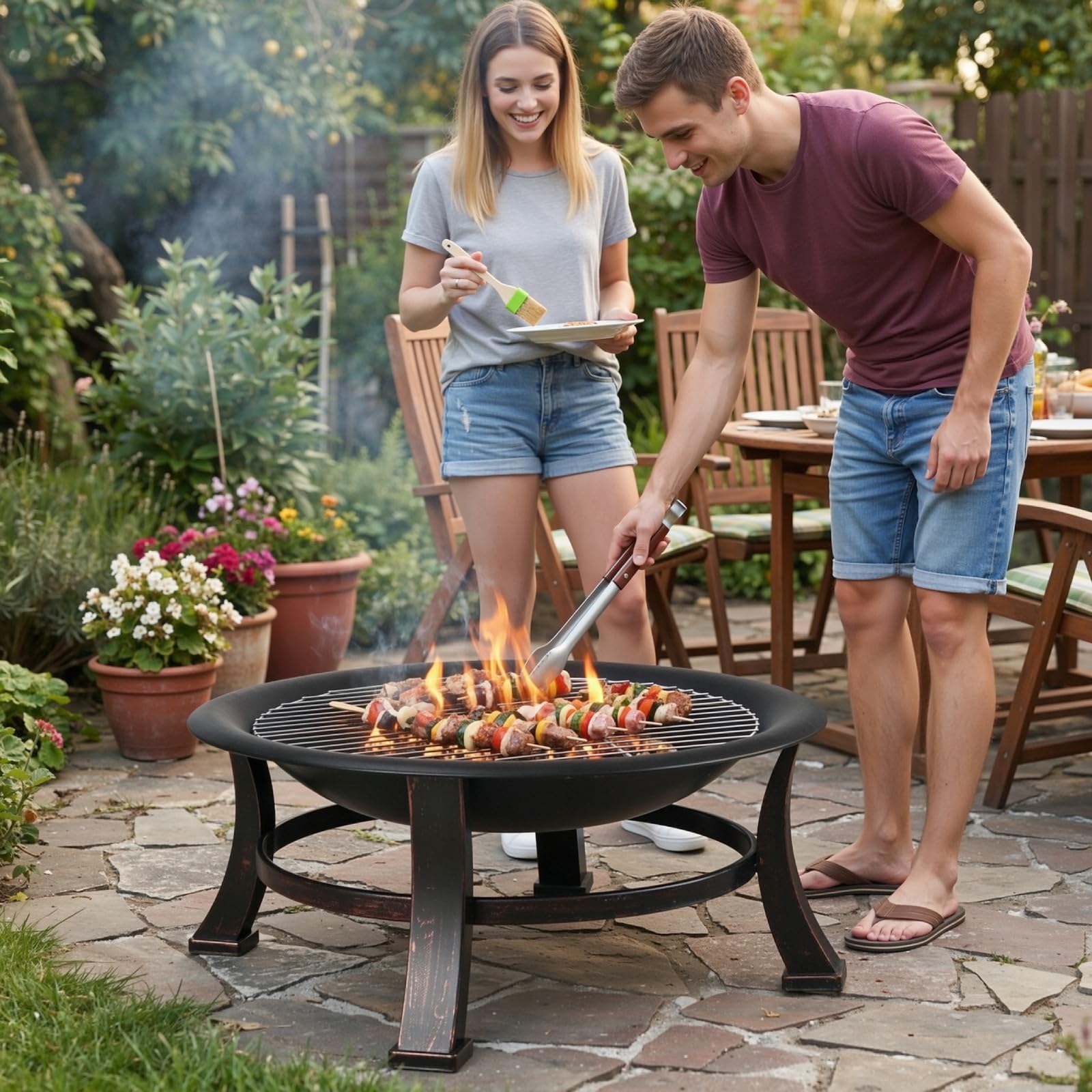 TLGREEN Brasero Exterieur Jardin, Ø 76 cm Pozo de Fuego con Protector de Chispas y Atizador, Brasero Barbacoa con Rejilla para Jardín y Terraza, Parrilla Brasero al Aire Libre de Aspecto Retro