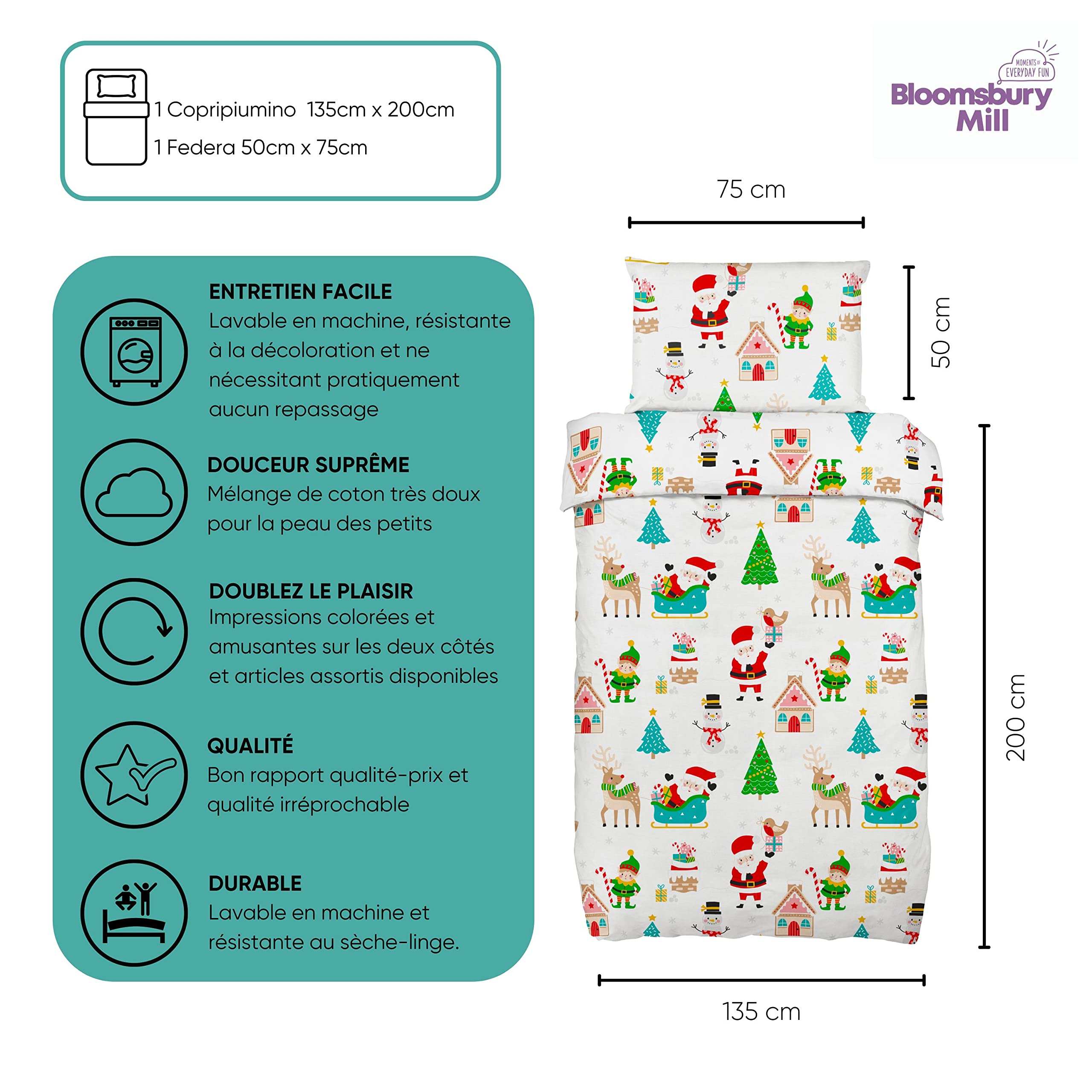 Bloomsbury Mill – Copripiumino Letto Natalizio - Paesaggio Invernale - Lenzuola Letto Singolo Natale - Set di biancheria da letto per bambini - Copripiumino 135 cm x 200 cm e Federe (Singolo)
