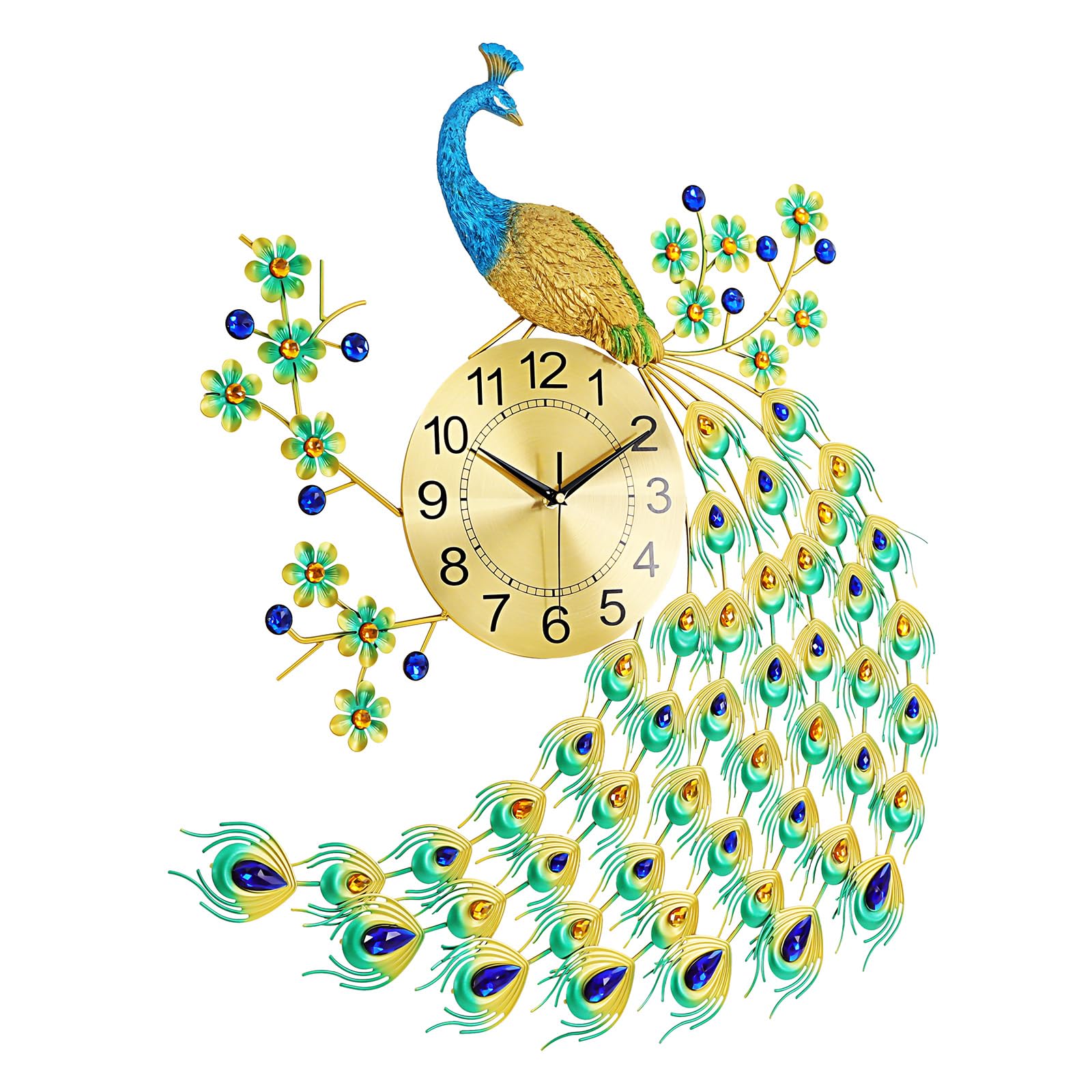 Wanduhr Pfau Groß 70cm, 3D Metall Design mit Funkelnden Kristallen, Geräuschloses Uhrwerk ohne Ticken Digitale Wanduhren Moderne Wandkunst Dekoration für Wohnzimmer & Schlafzimmer