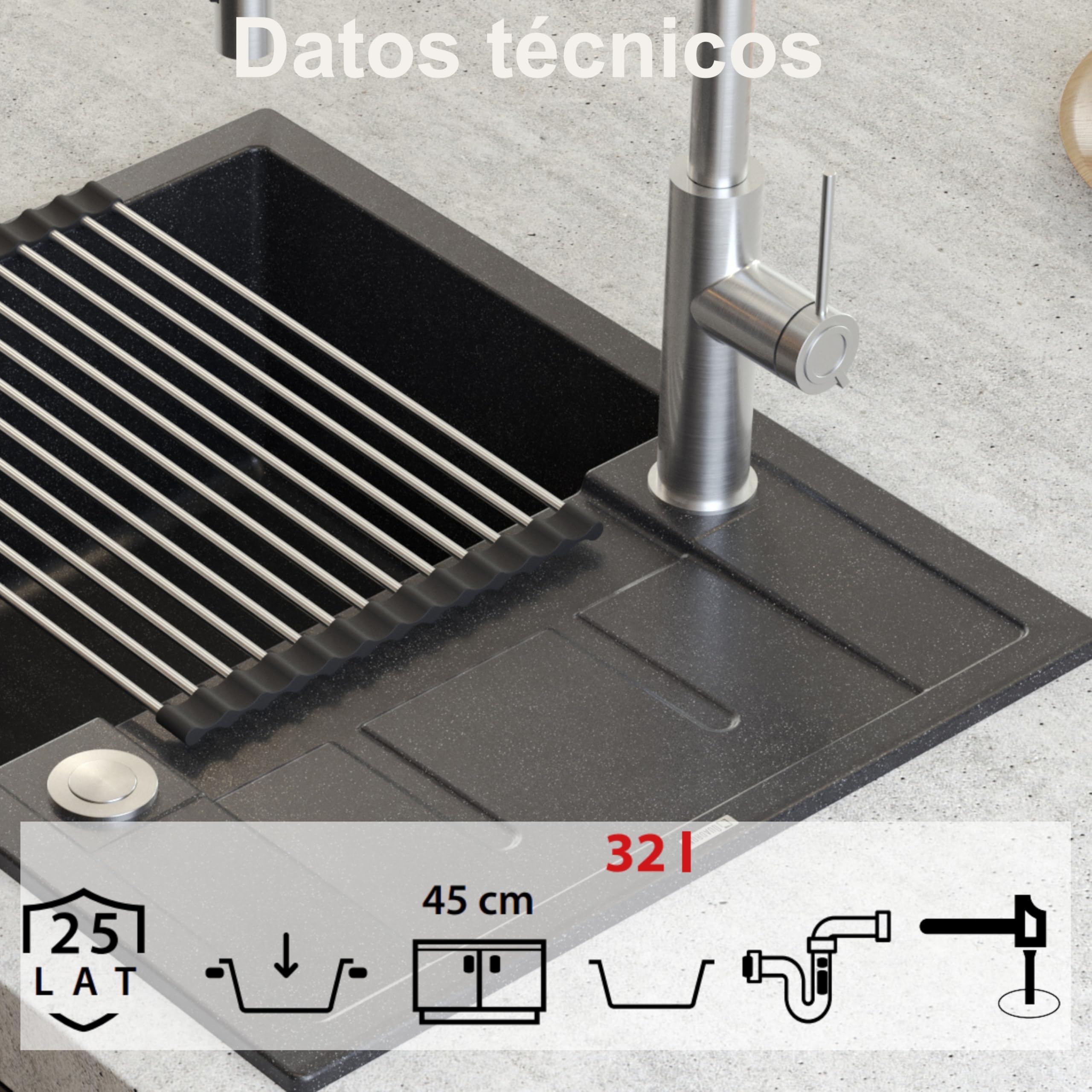 QUADRON fregadero de cocina negro fregadero de granito | tamaño 62 x 50 x 22 cm, color: negro y acero | MORGAN 116 fregadero de un seno con escurridor | fregadero empotrado con orificio para grifo